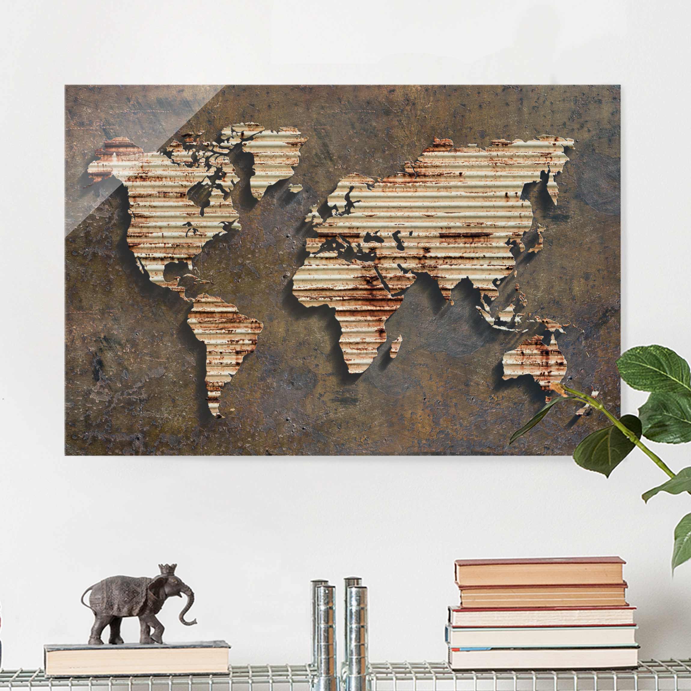 Glasbild - Querformat Rost Weltkarte