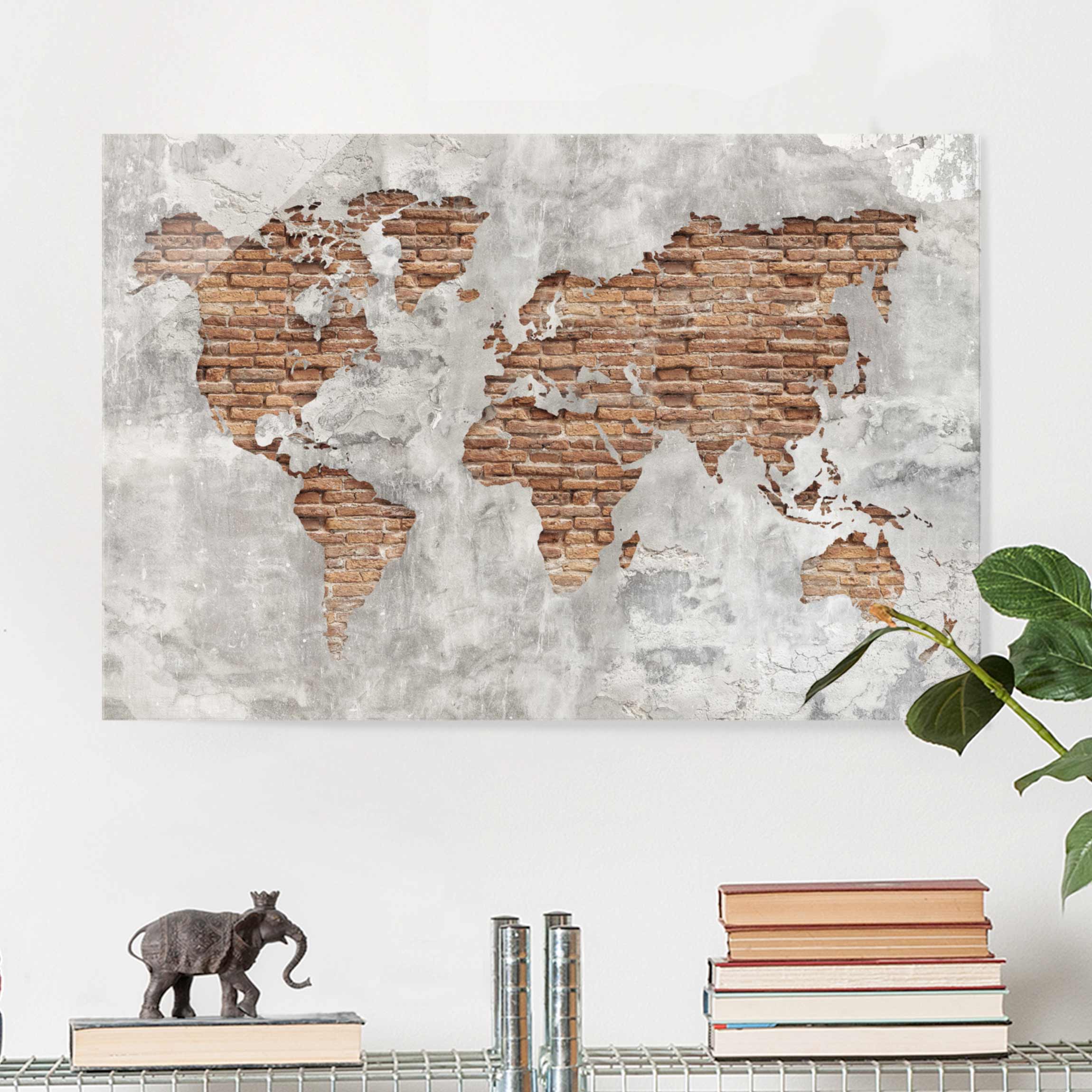 Glasbild Weltkarte Shabby Beton Backstein Weltkarte