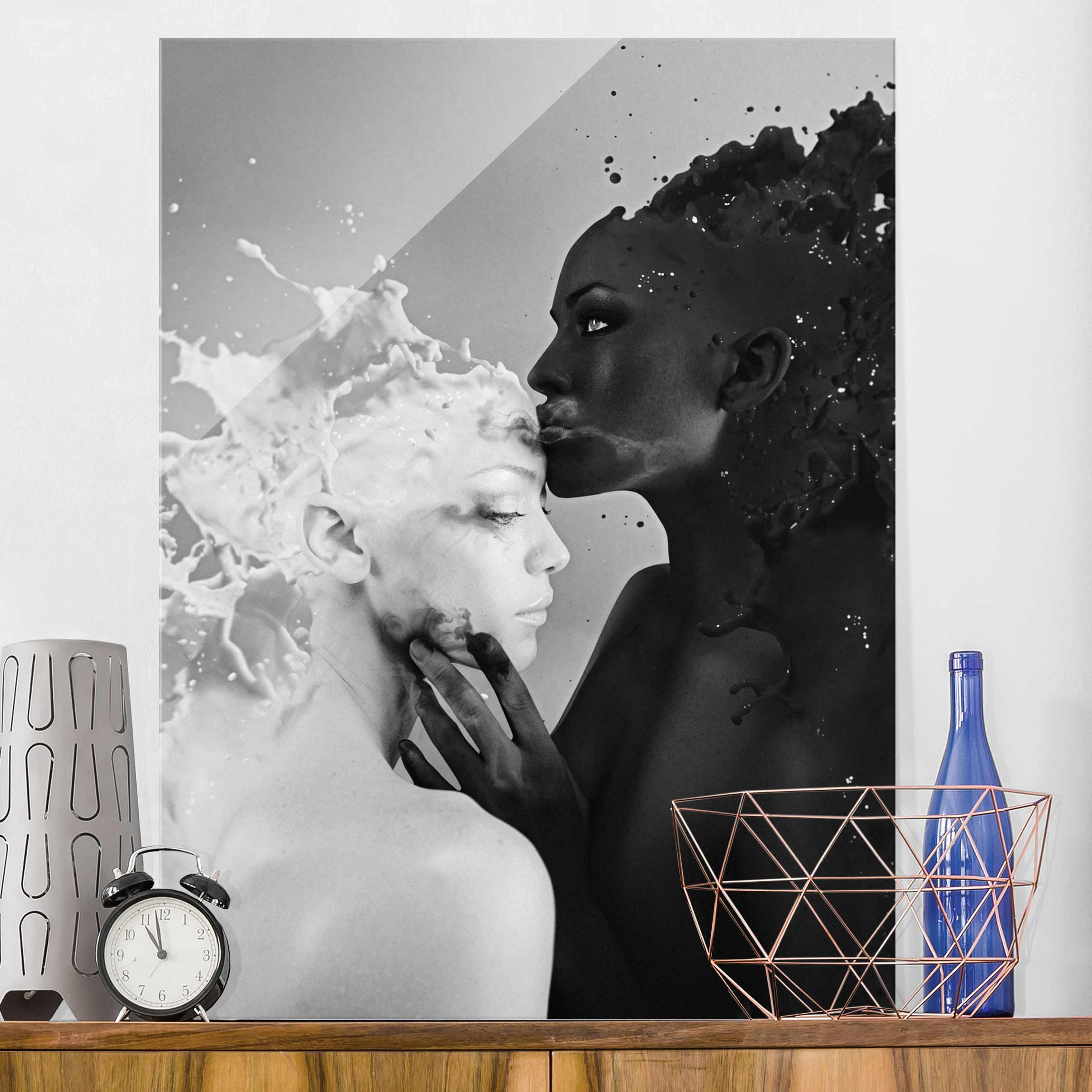 Glasbild Küche Milch & Kaffee Kuss schwarz weiß