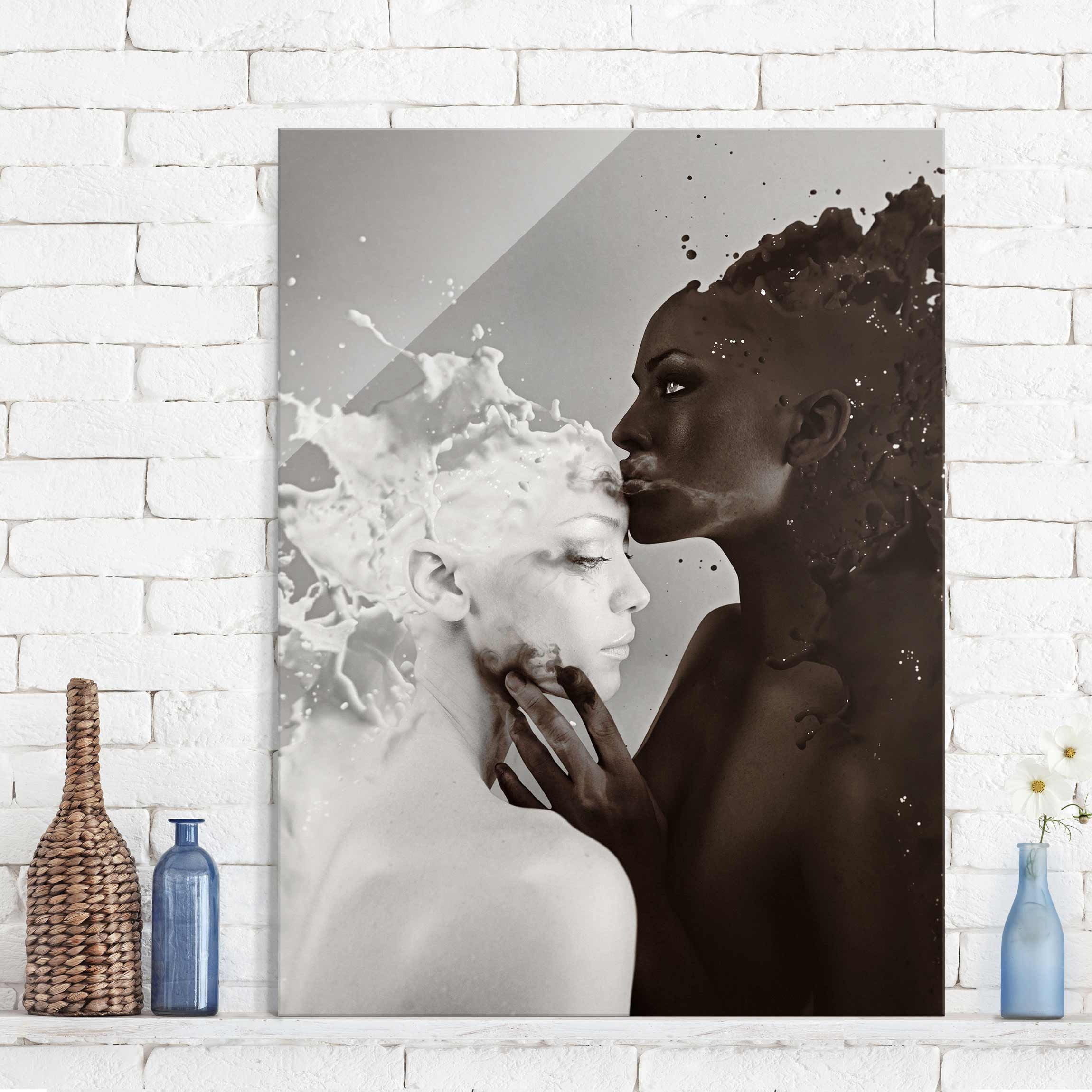 Glasbild Küche Milch & Kaffee Kuss