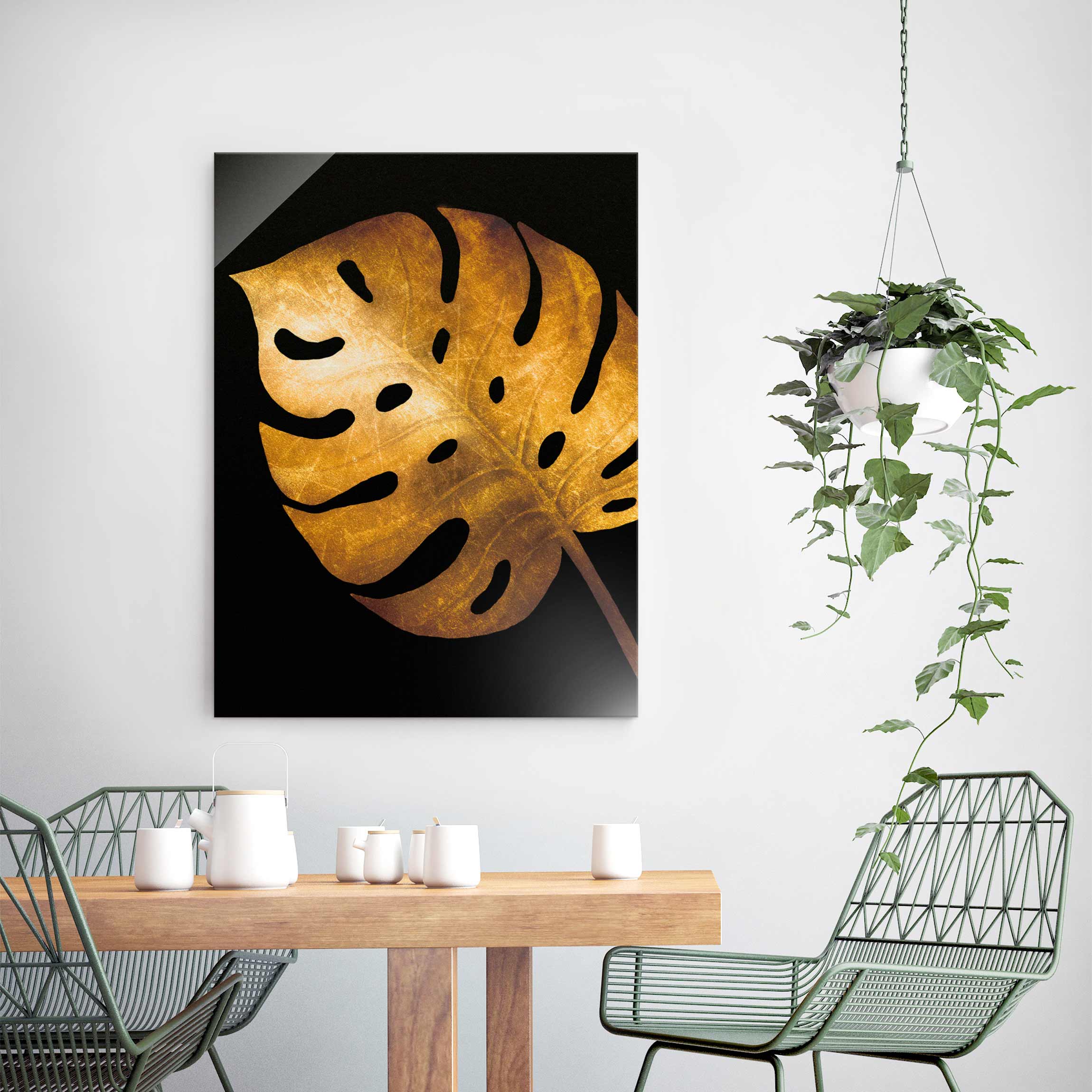Glasbild Gold - Monstera auf Schwarz