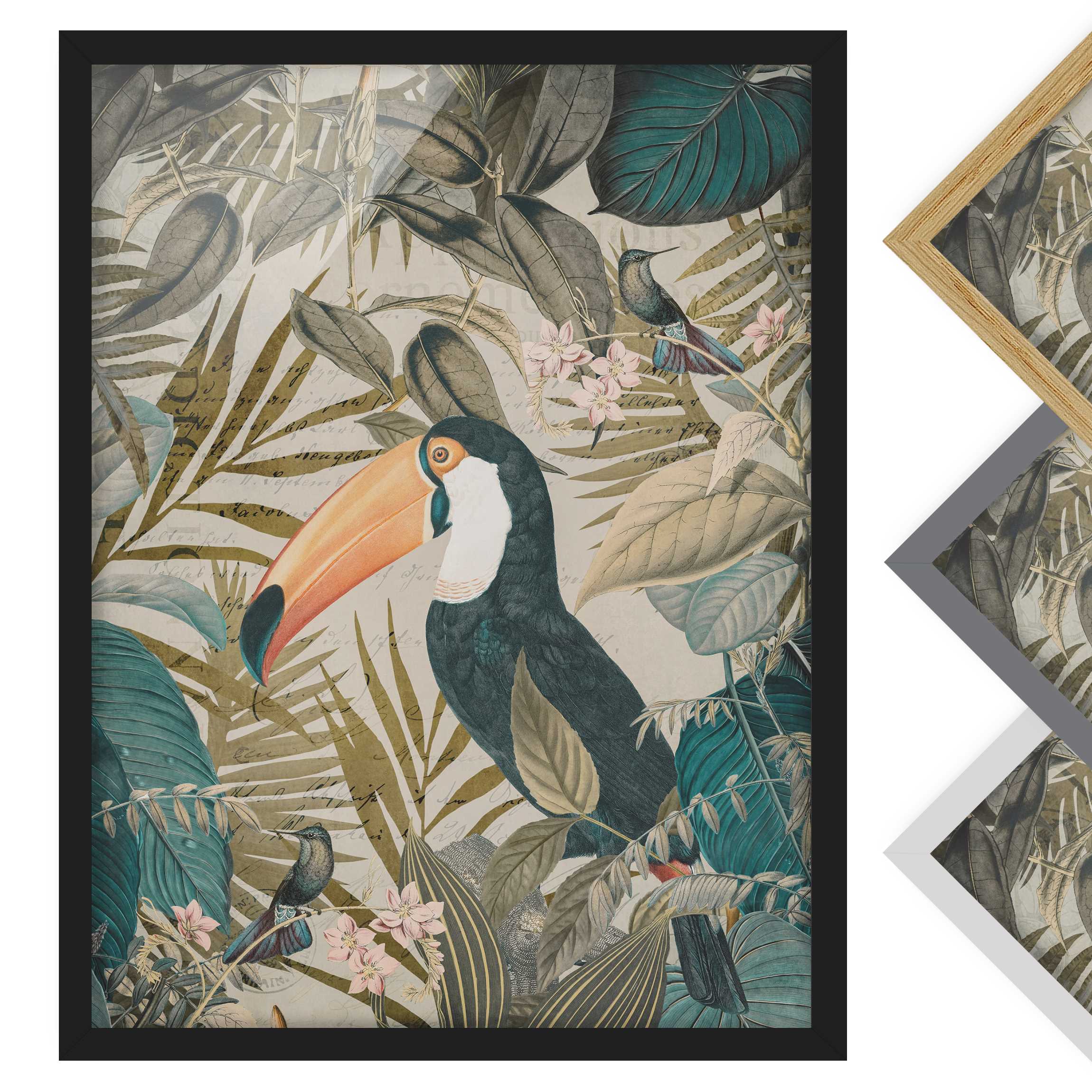 Bild mit Rahmen - Hochformat Vintage Collage - Tukan im Dschungel