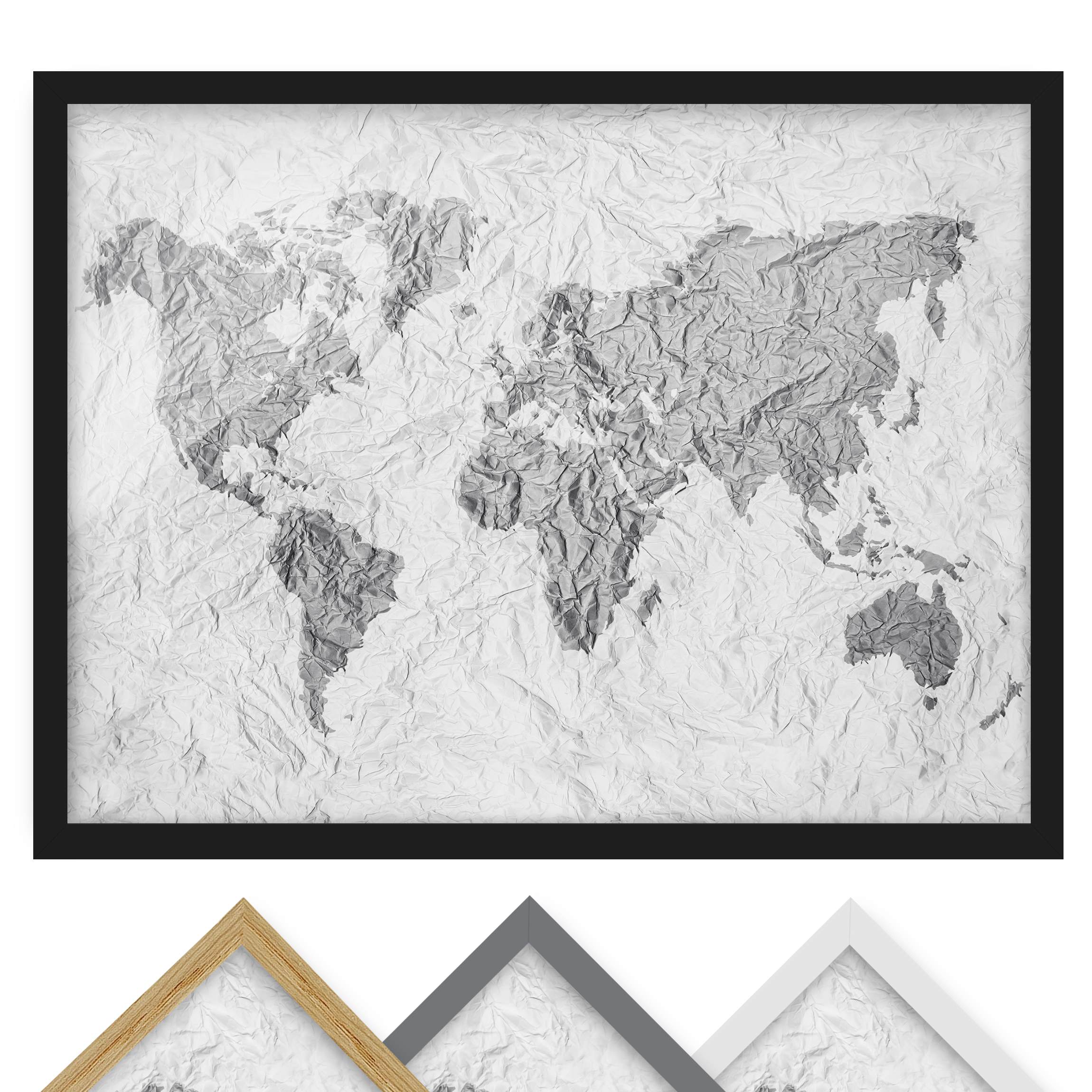 Bild mit Rahmen - Querformat Papier Weltkarte Weiß Grau