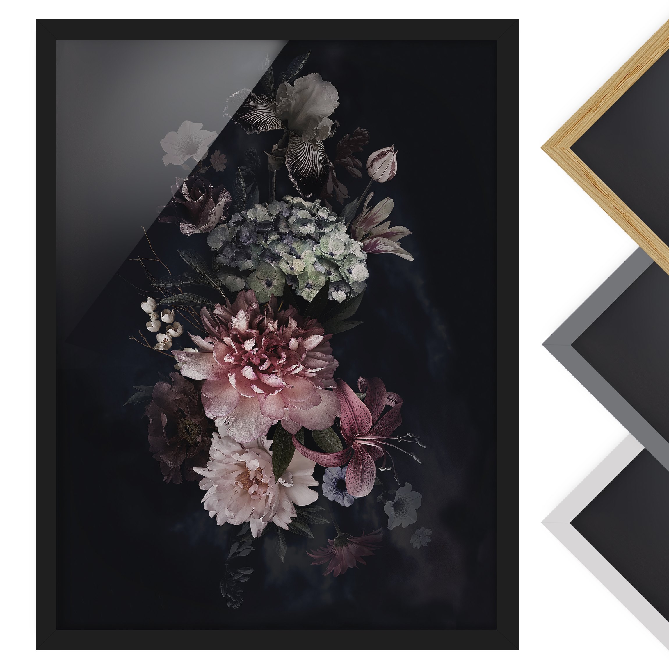 Bild mit Rahmen - Hochformat Blumen mit Nebel auf Schwarz