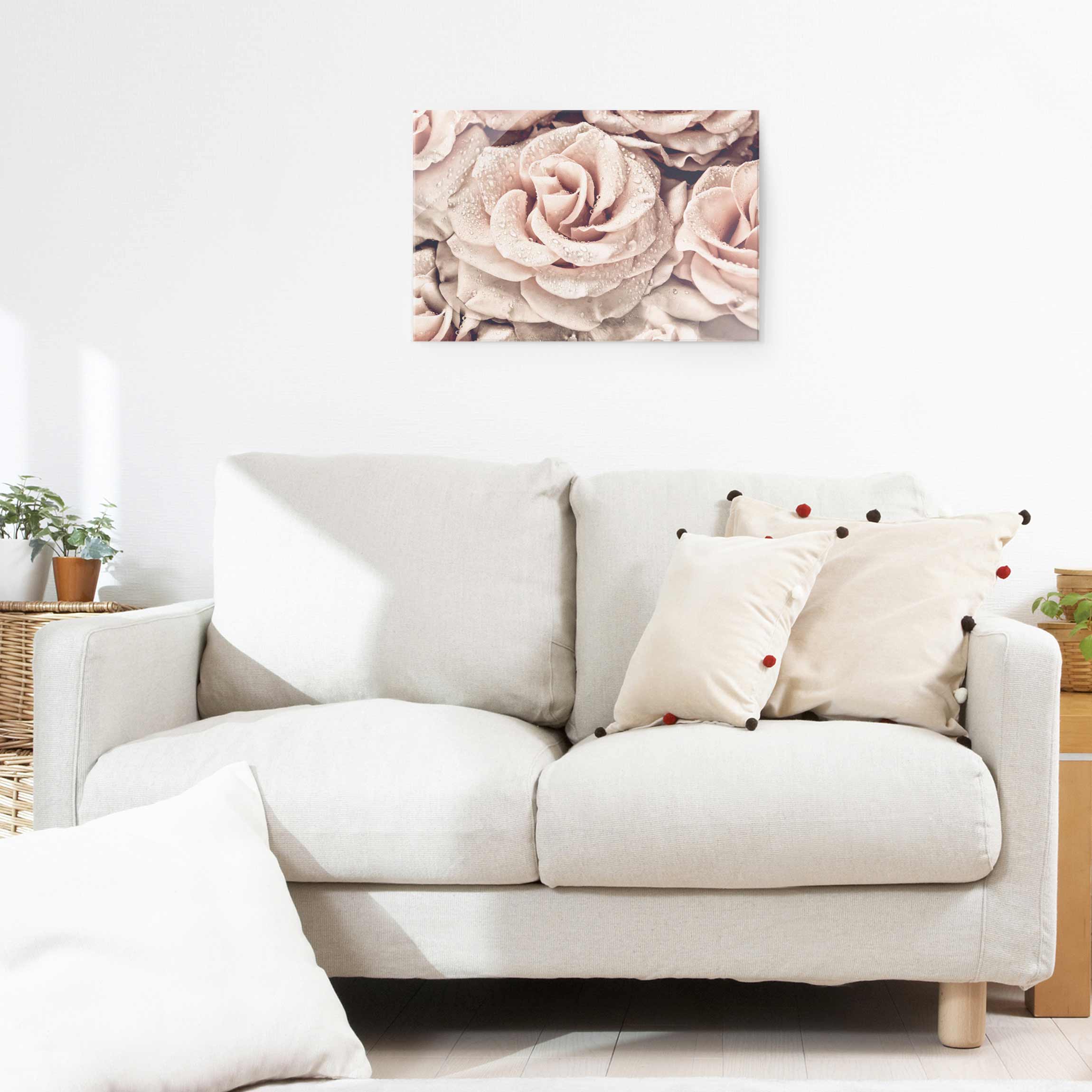 Glasbild - Querformat Rosen Sepia mit Wassertropfen