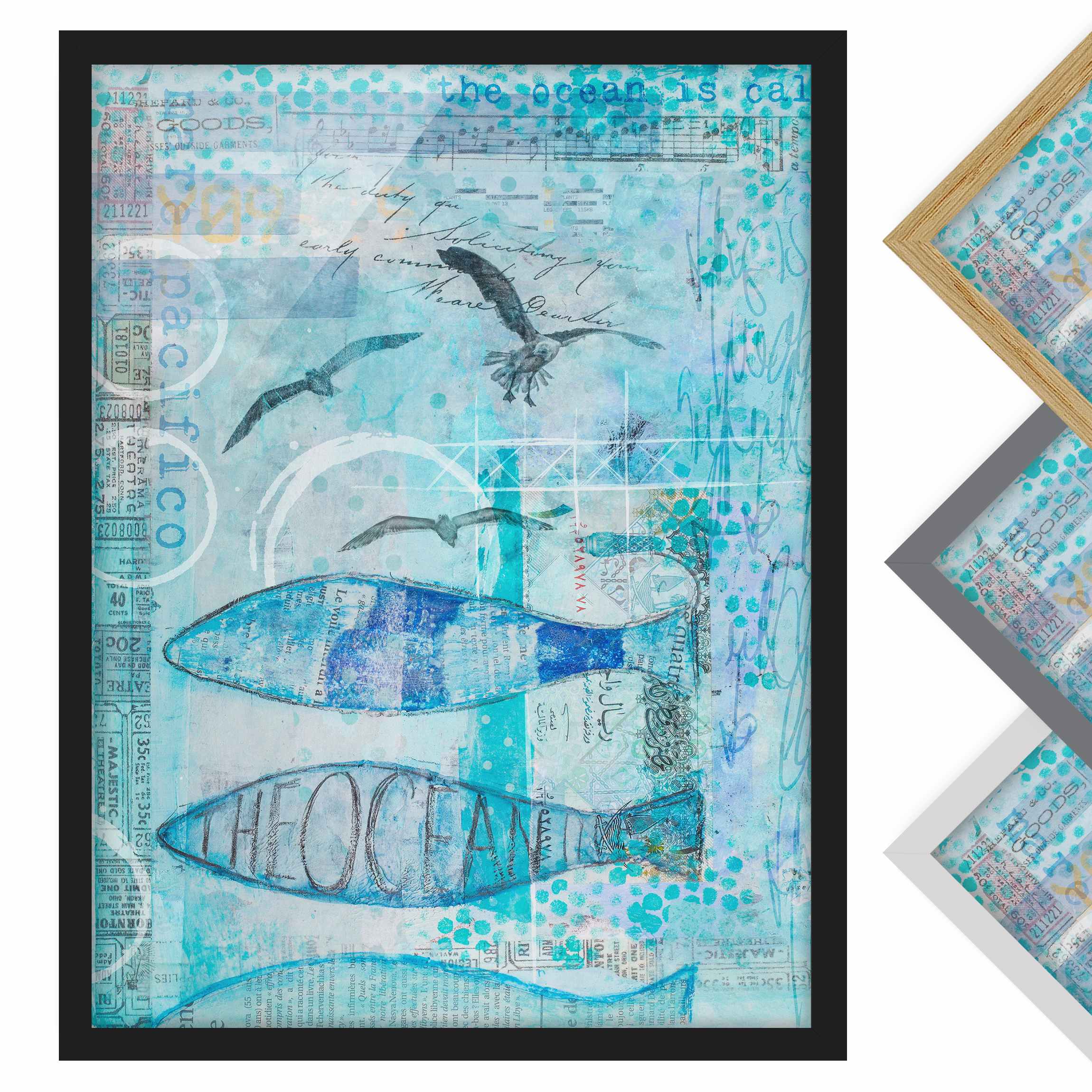 Bild mit Rahmen - Hochformat Bunte Collage - Blaue Fische