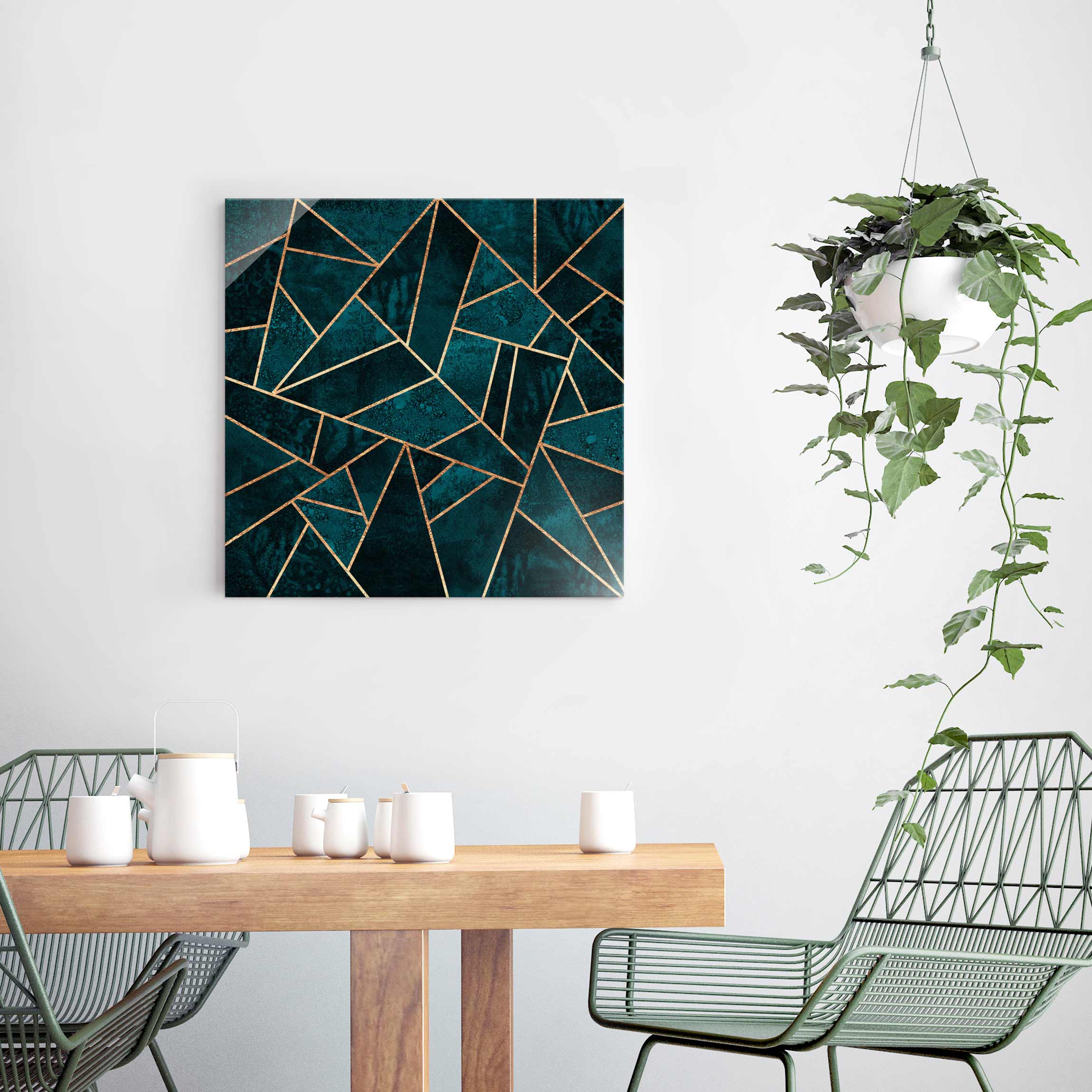 Glasbild - Quadrat Dunkles Türkis mit Gold