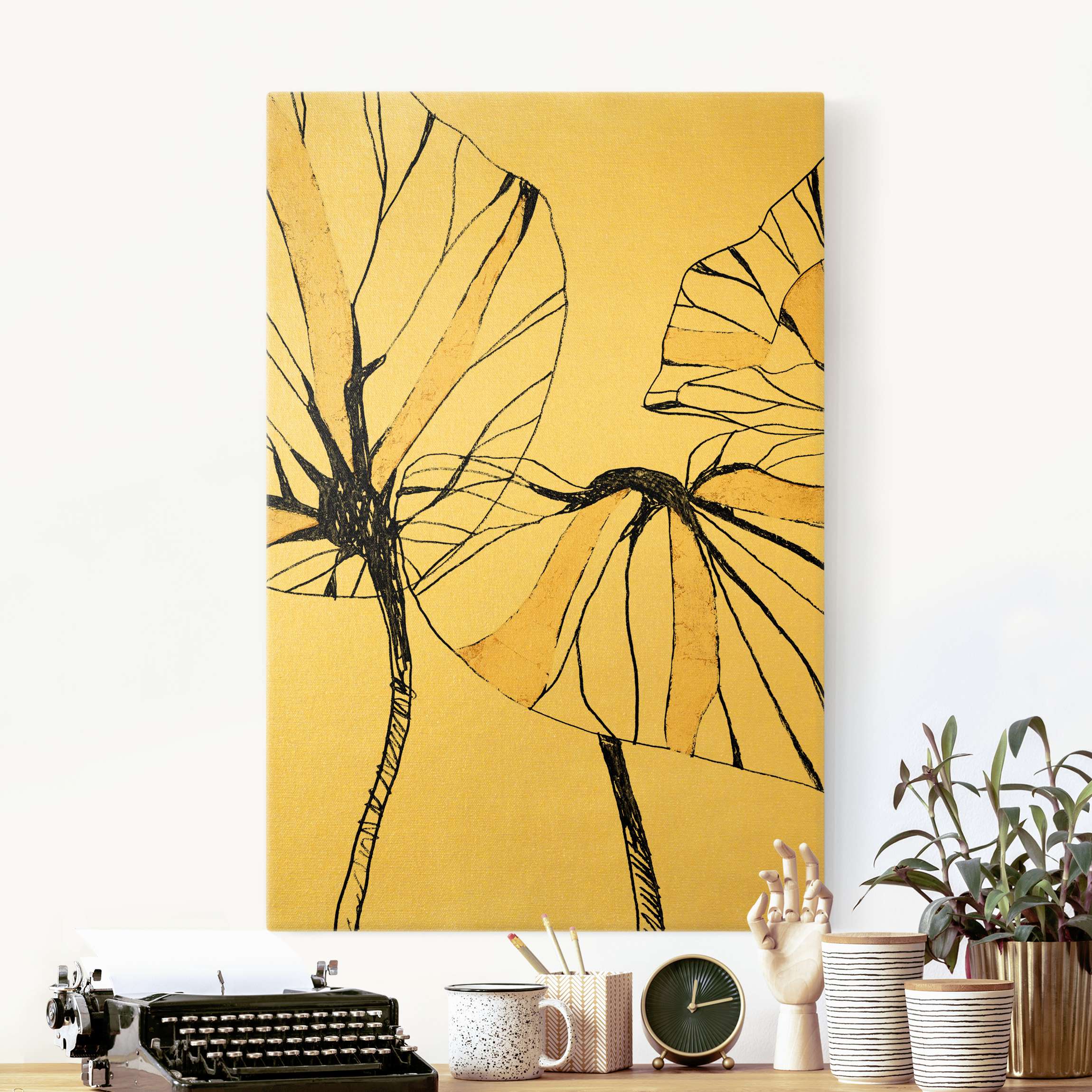 Leinwandbild Gold Tropische Blätter mit Gold II