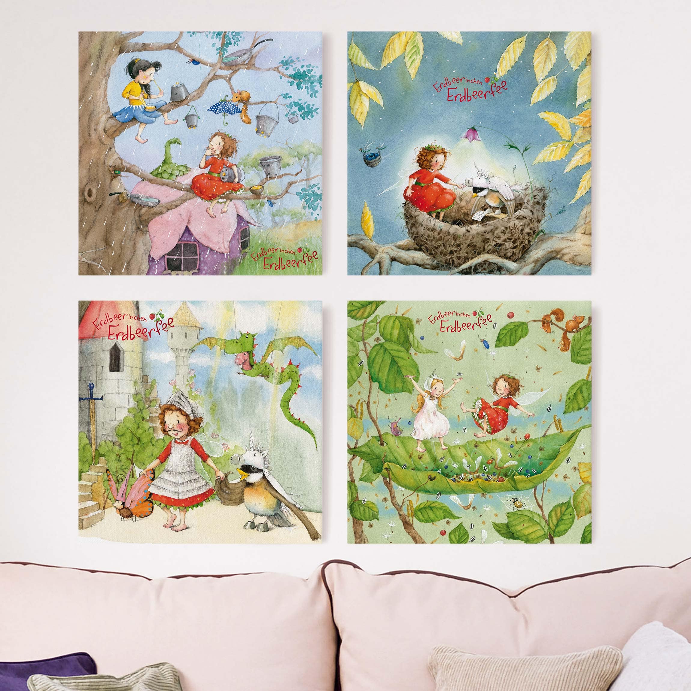 4-teiliges Leinwandbild Kinderzimmer Erdbeerinchen Erdbeerfee - kleine Abenteuer
