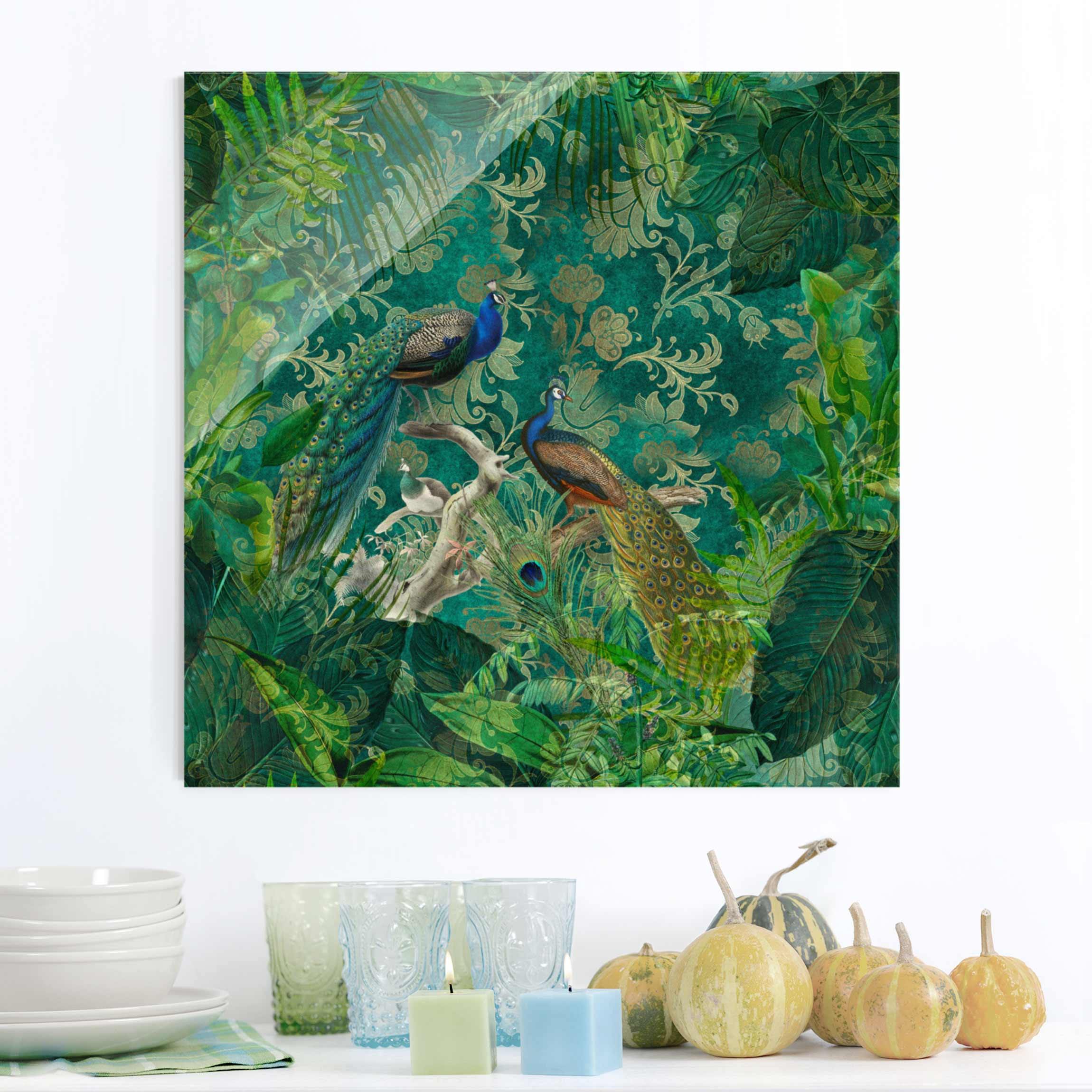Glasbild Shabby Chic Collage - Edler Pfau II