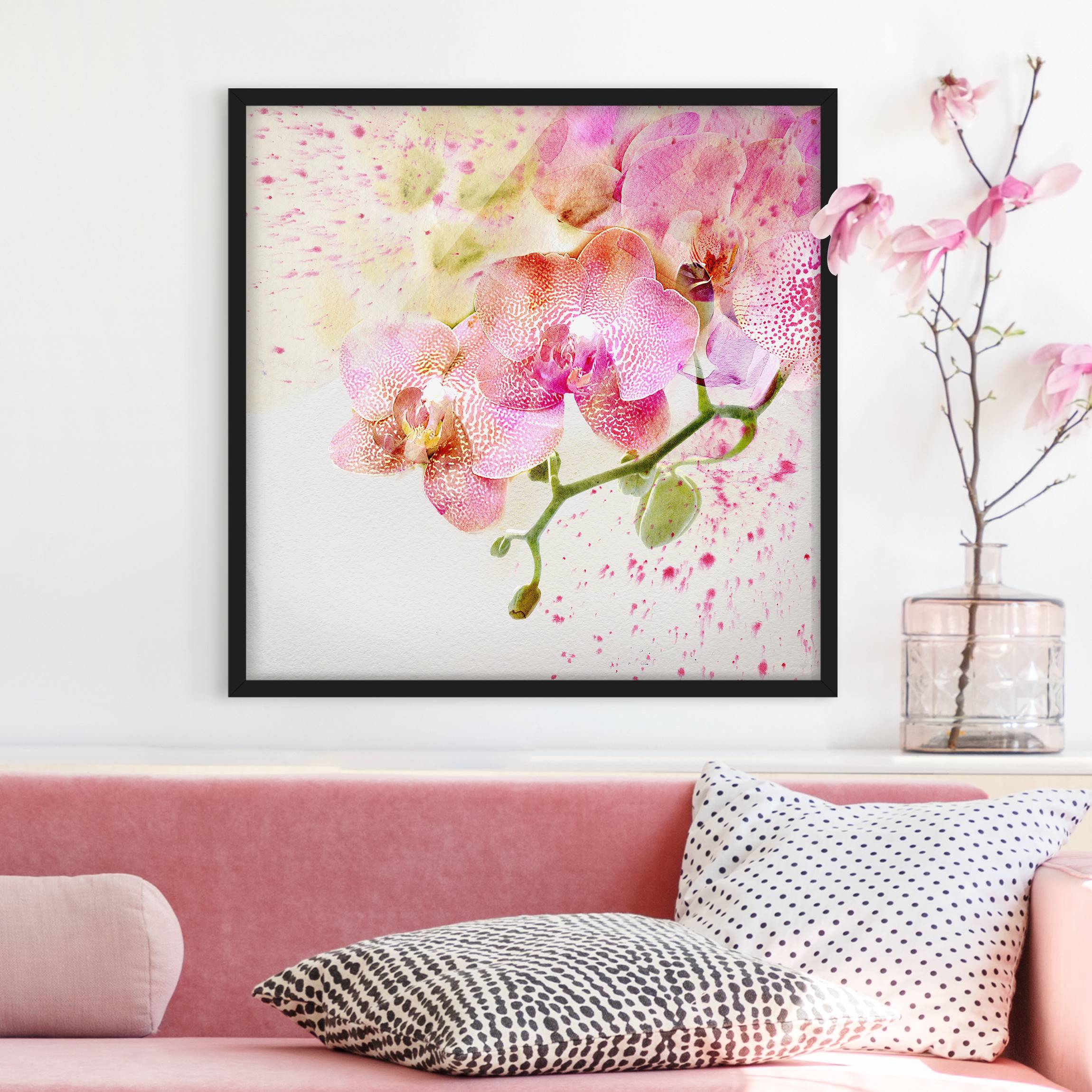 Bild mit Rahmen - Quadrat Aquarell Blumen Orchideen