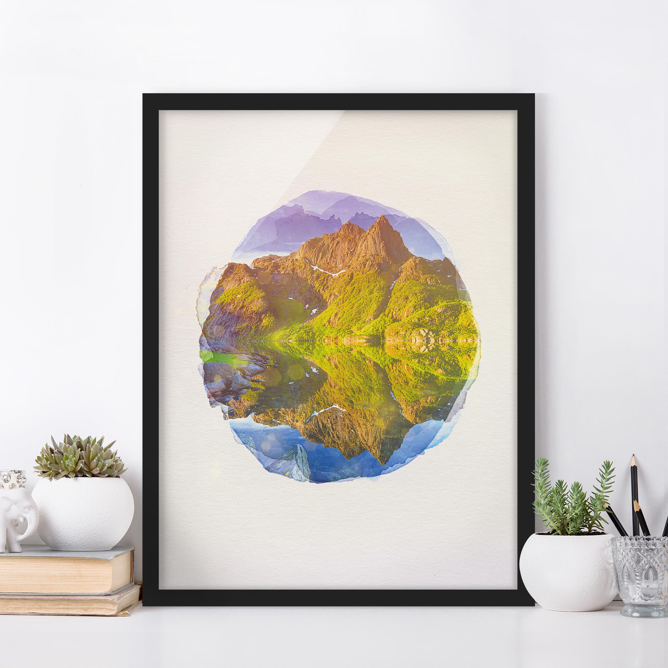 Bild mit Rahmen - Hochformat Wasserfarben - Berglandschaft mit Wasserspiegelung in Norwegen