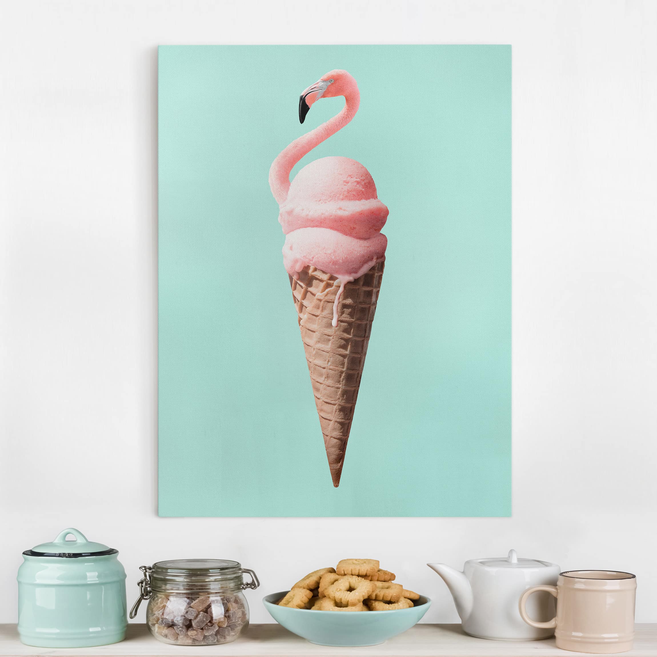 Leinwandbild - Hochformat Eis mit Flamingo