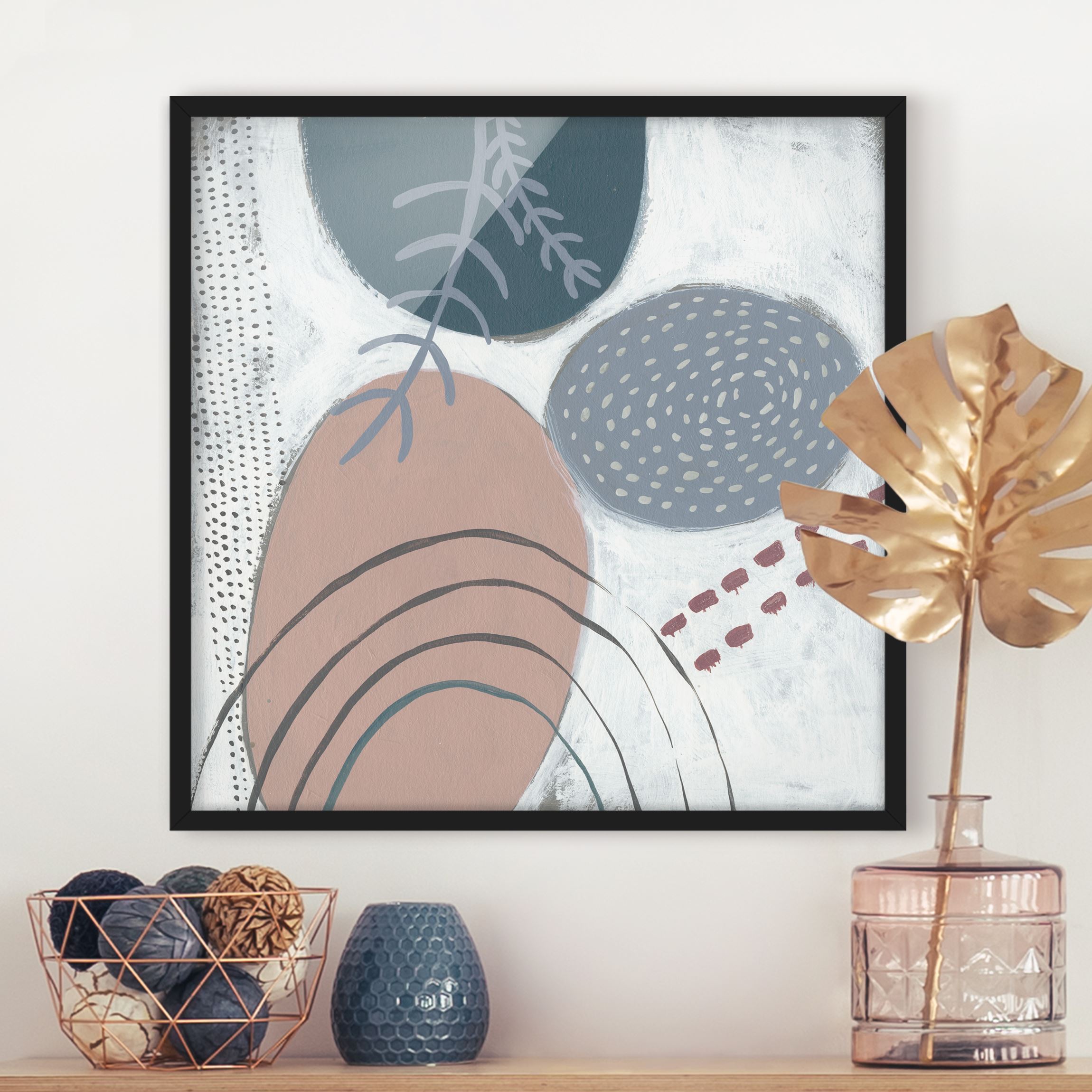 Abstraktes Bild mit Rahmen Karneval der Formen in Petrol II