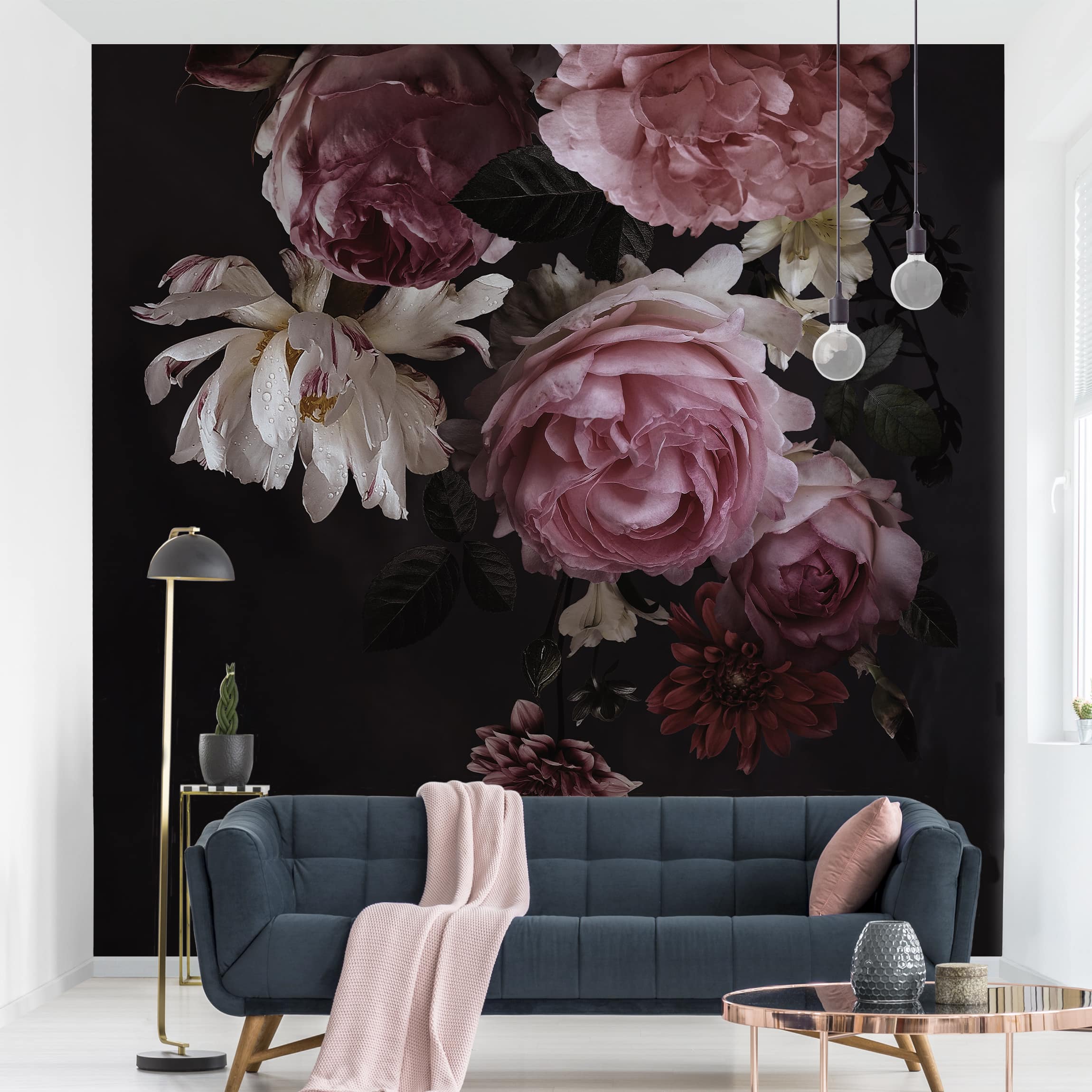 Fototapete Blumen Rosa Blumen auf Schwarz