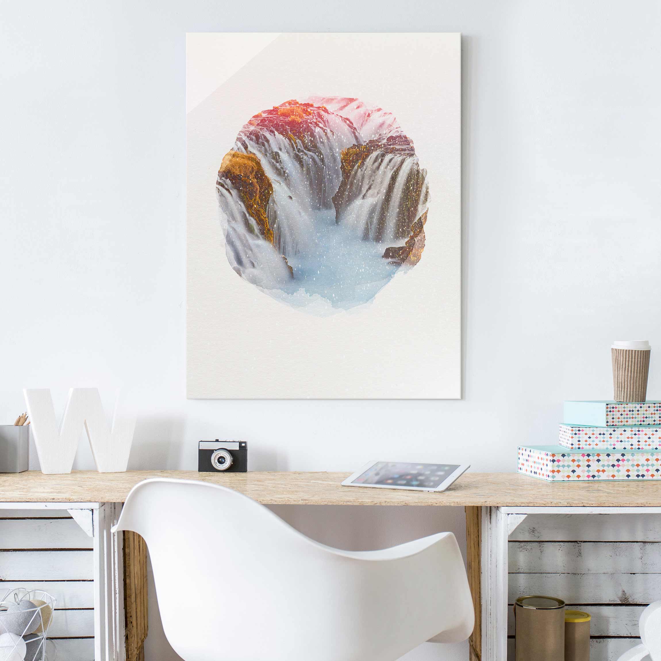 Glasbild Wasserfarben - Brúarfoss Wasserfall in Island