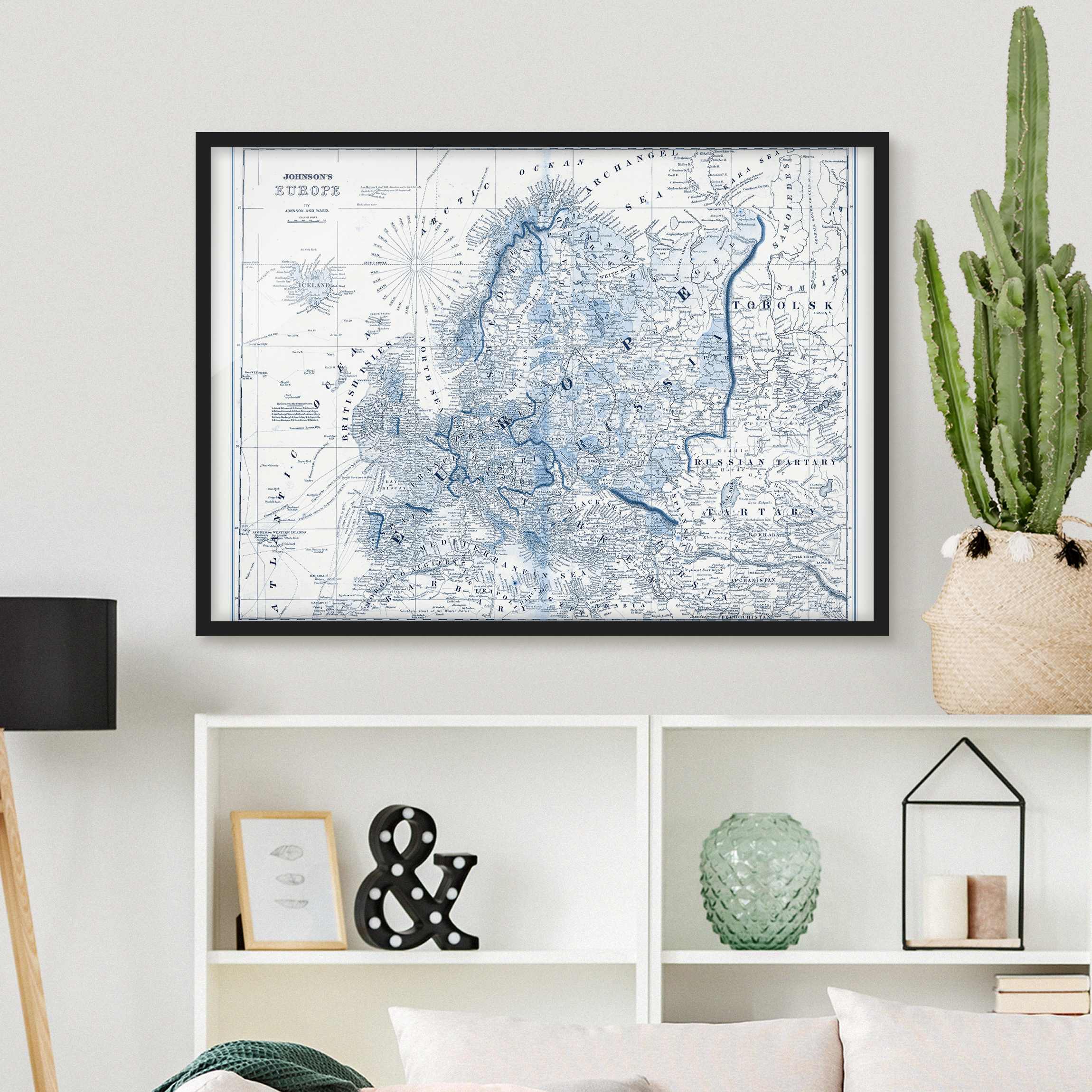 Bild mit Rahmen - Querformat Karte in Blautönen - Europa