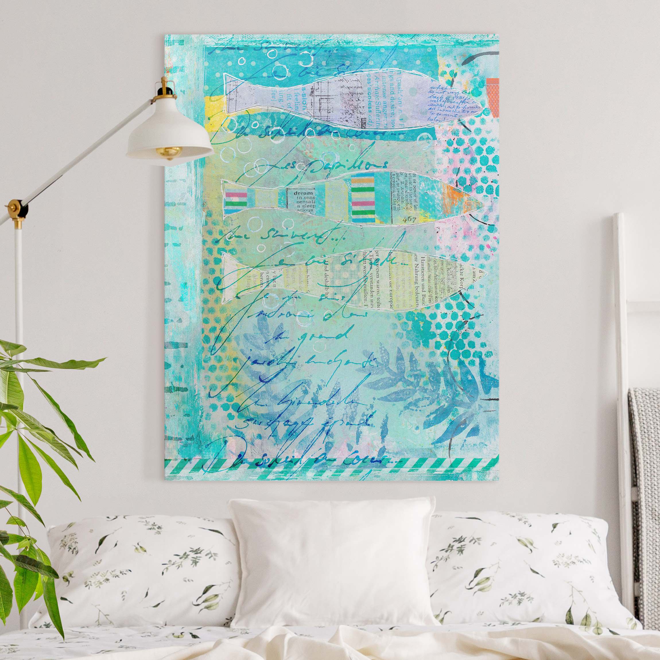 Leinwandbild Bunte Collage - Fische und Punkte