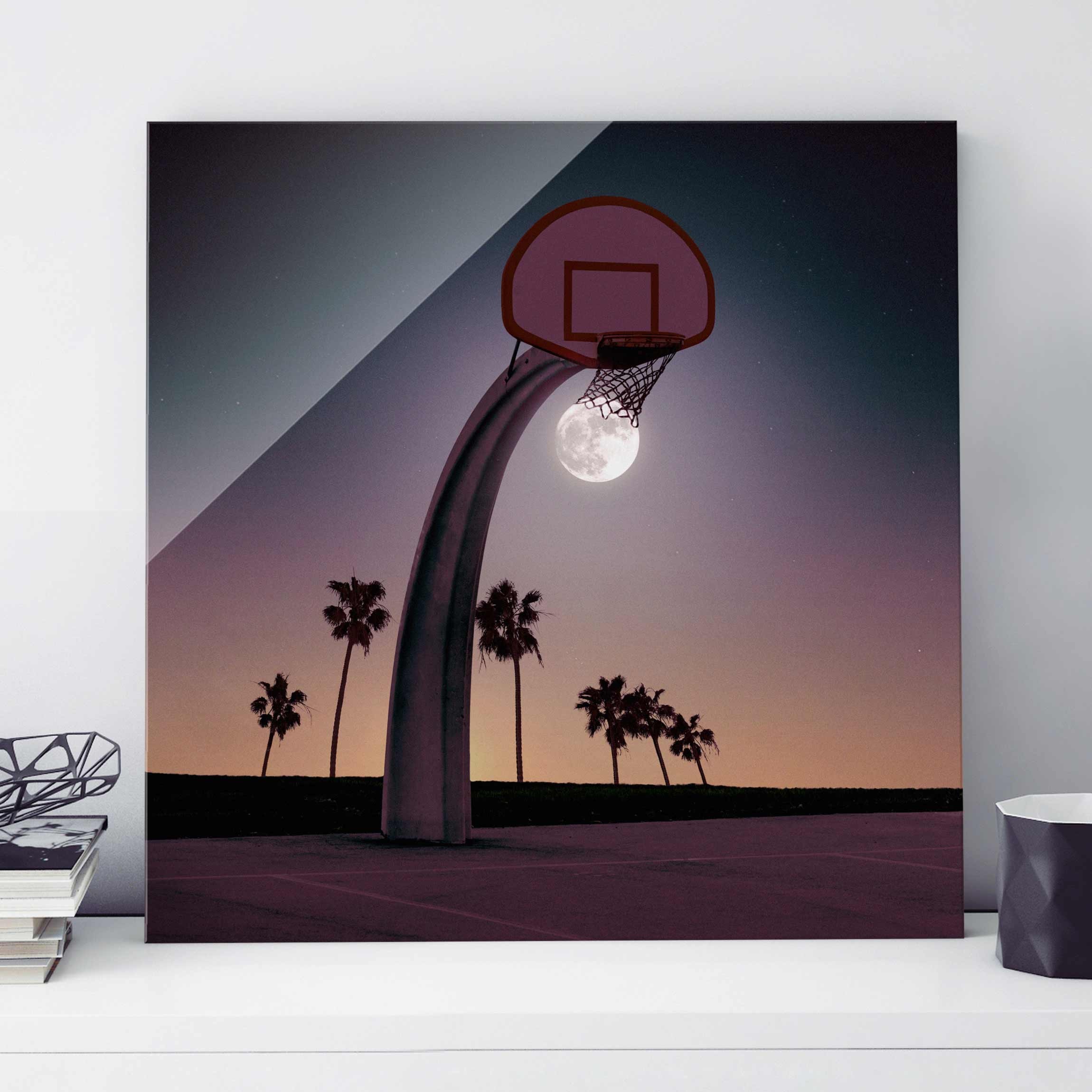 Glasbild - Quadrat Basketball mit Mond