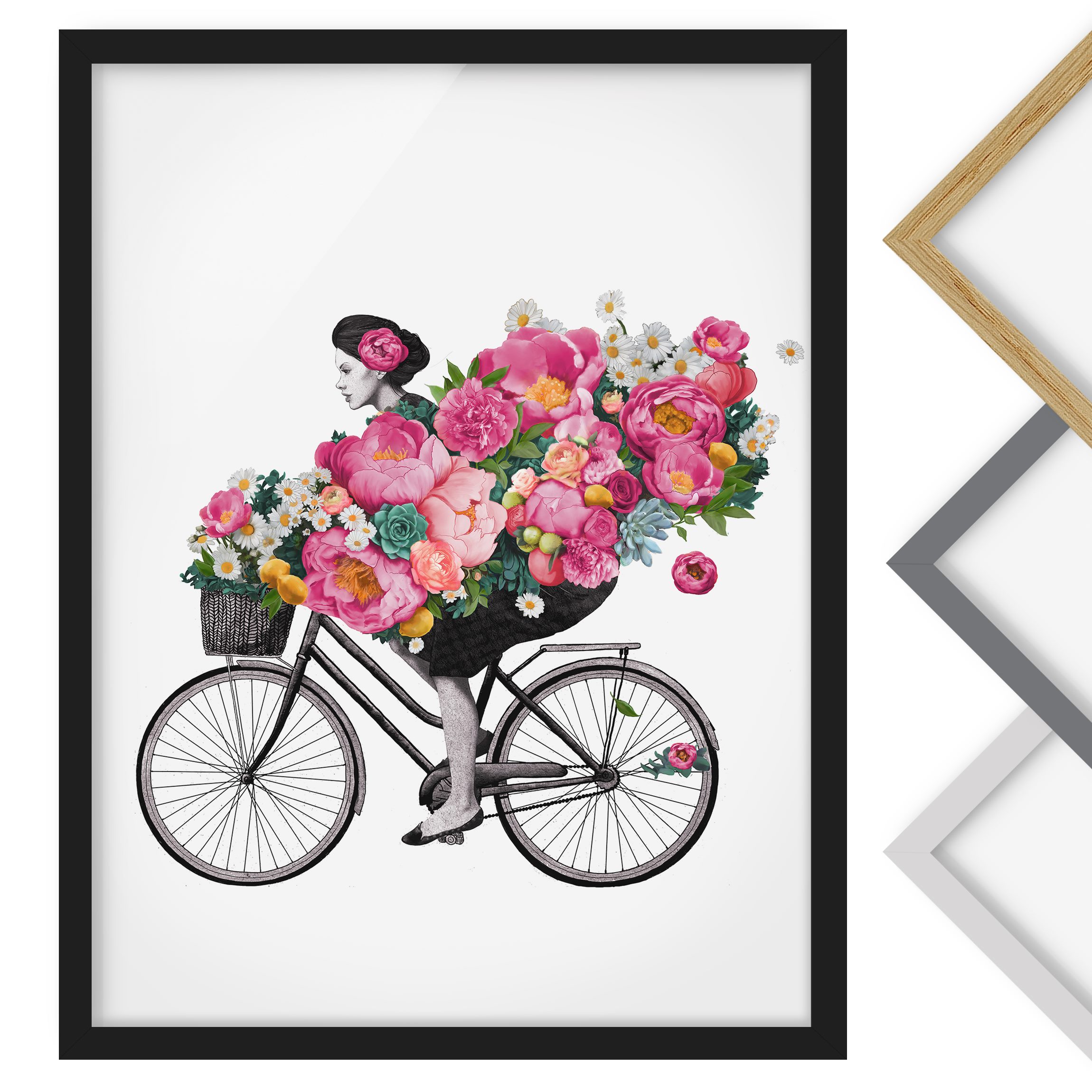Gerahmtes Bild Illustration Frau auf Fahrrad Collage bunte Blumen