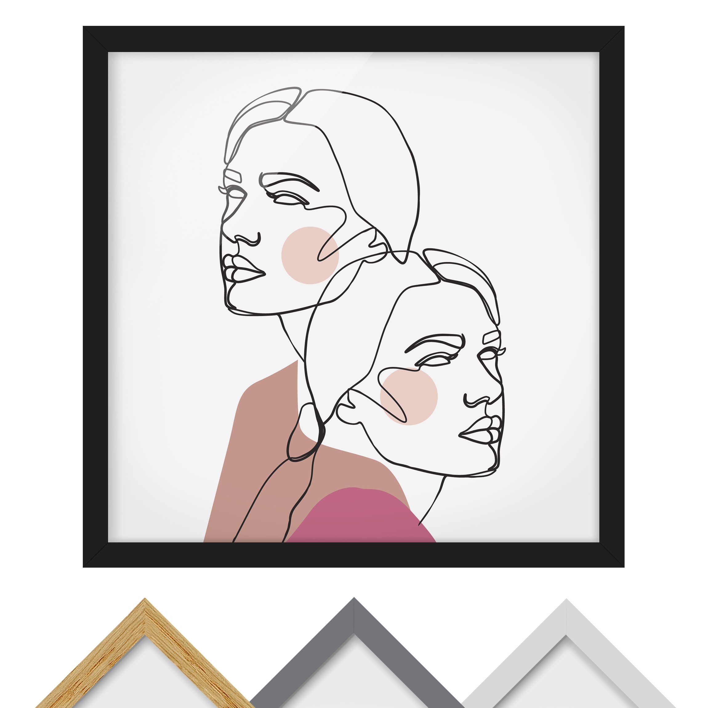 Bild mit Rahmen - Quadrat Line Art Frauen Portrait Wangen Rosa