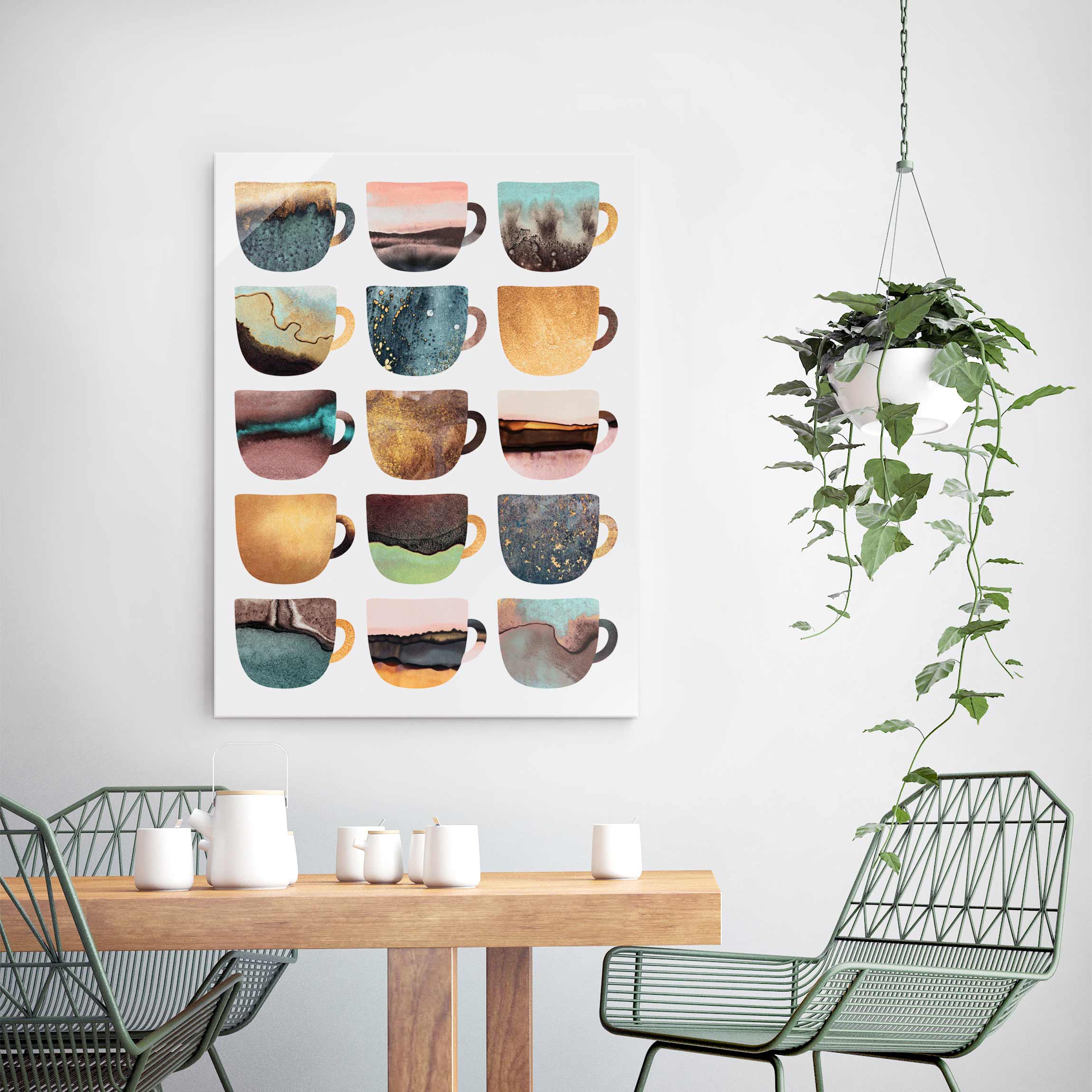 Glasbild Bunte Kaffeetassen mit Gold