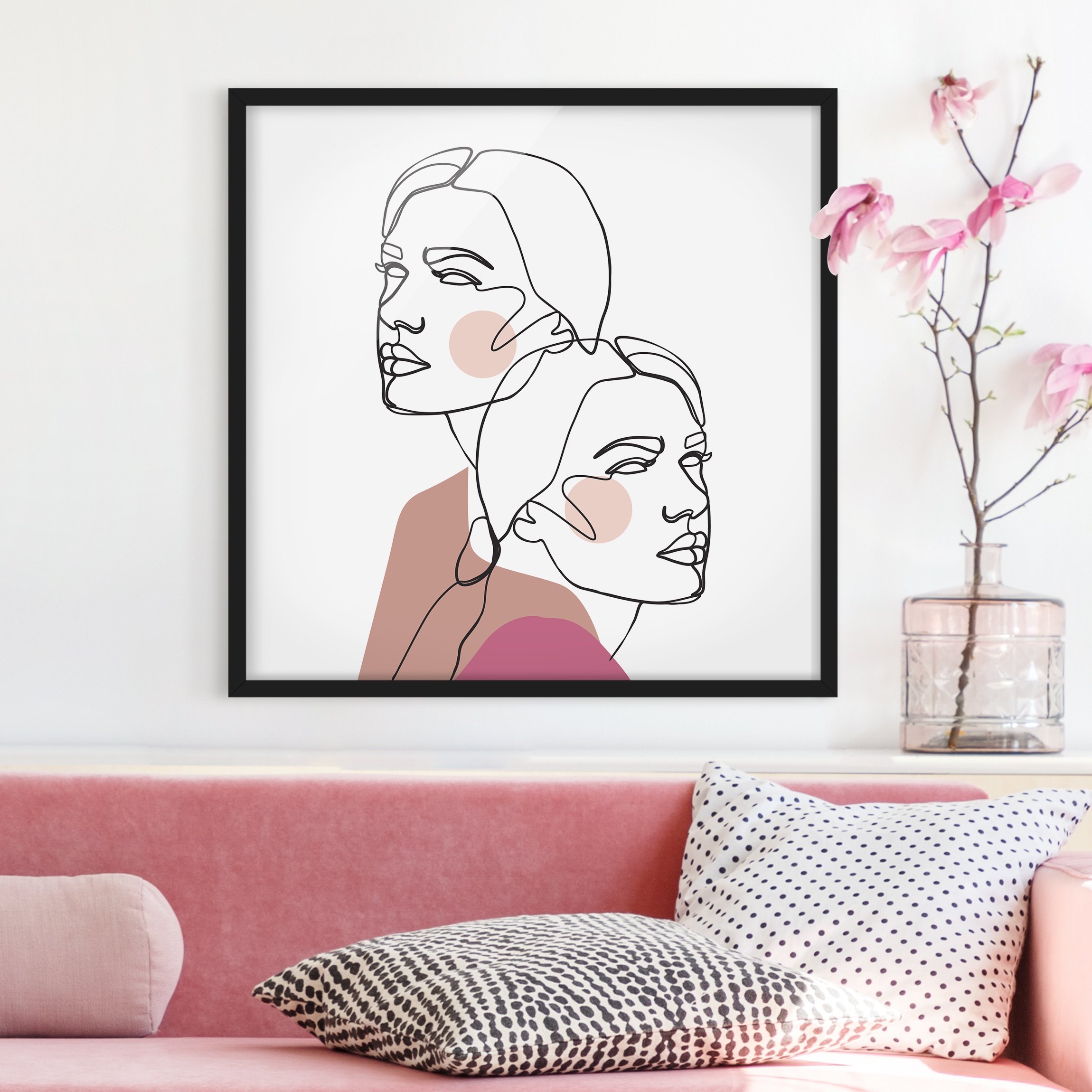 Bild mit Rahmen - Quadrat Line Art Frauen Portrait Wangen Rosa