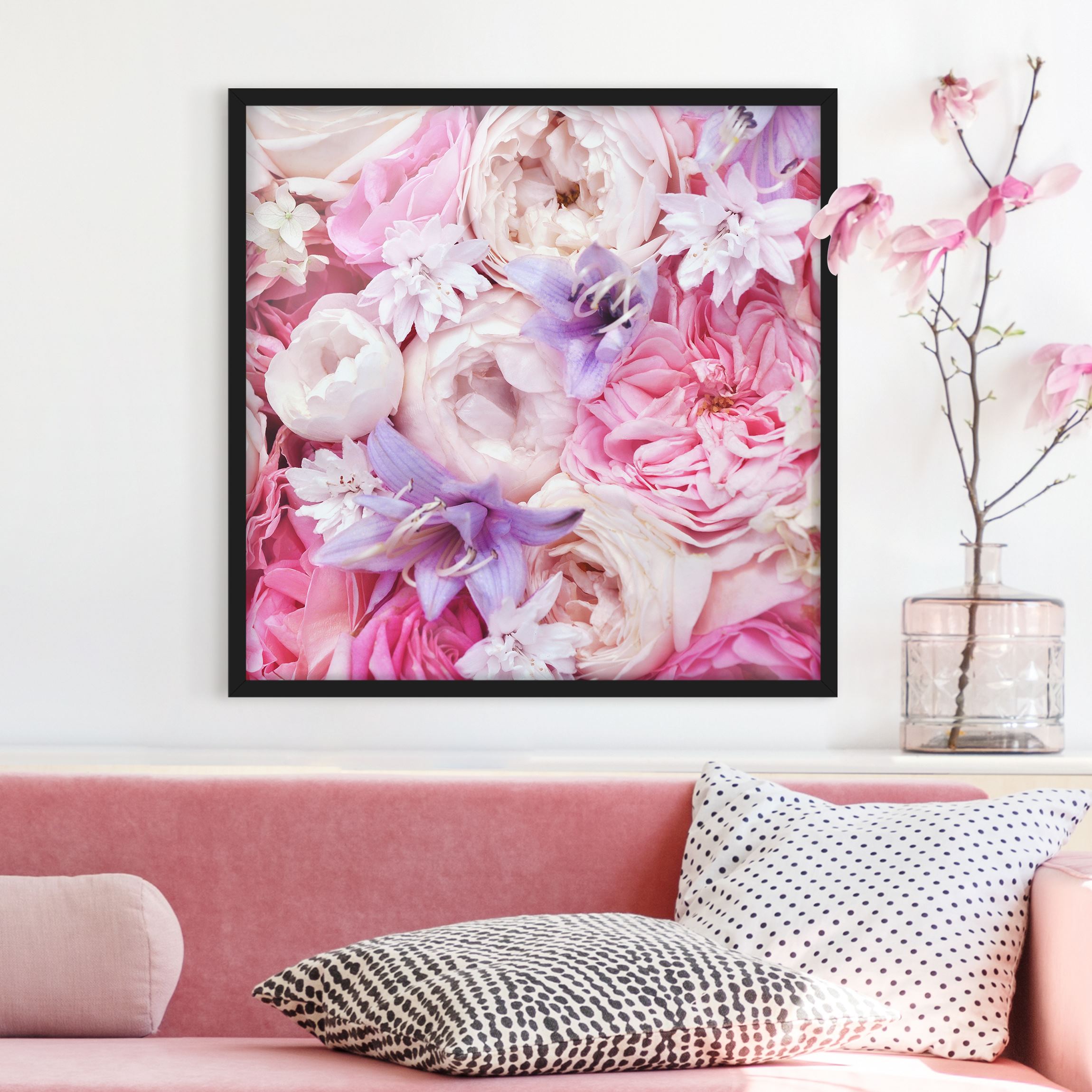 Bild mit Rahmen - Quadrat Shabby Rosen mit Glockenblumen