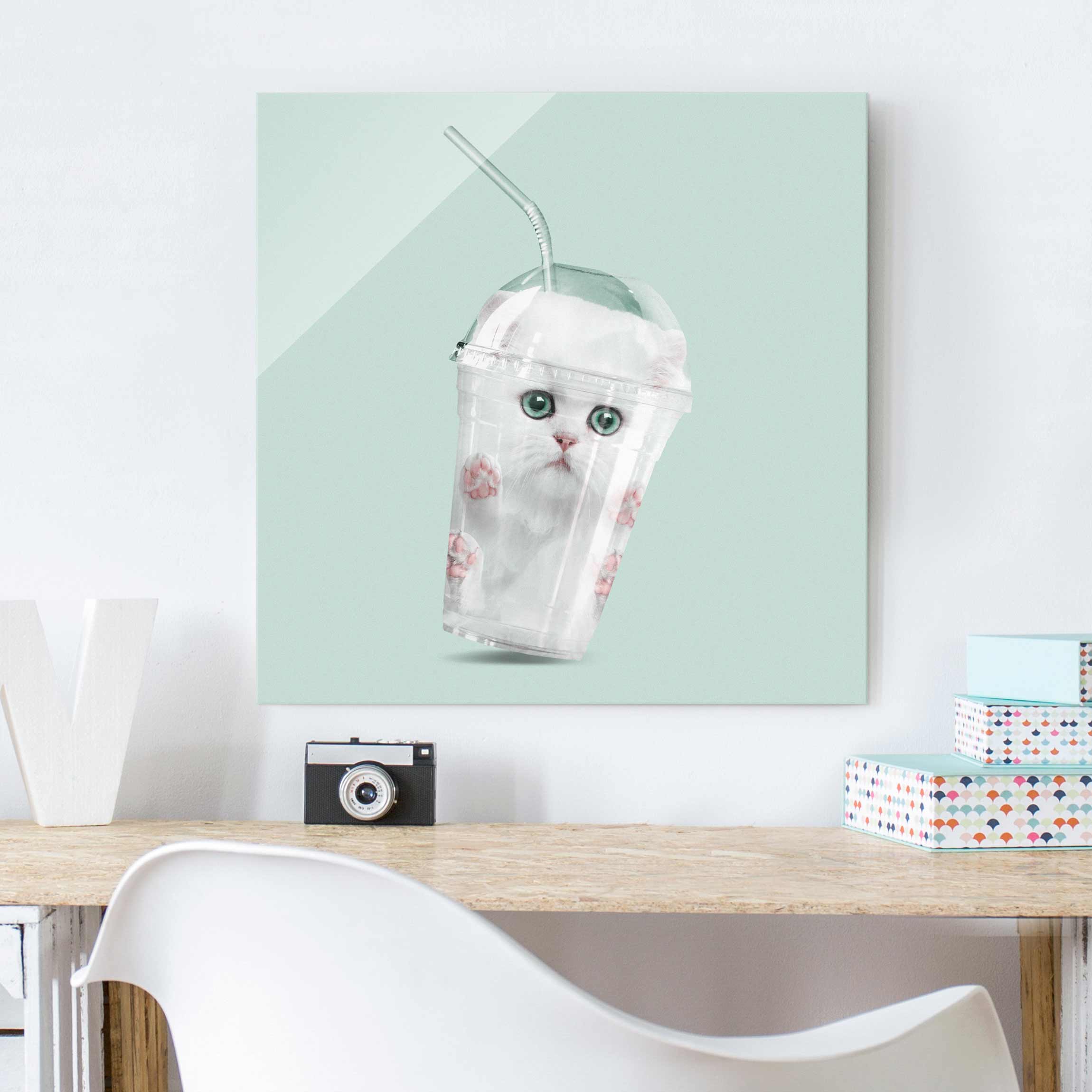Glasbild - Quadrat Shake mit Katze