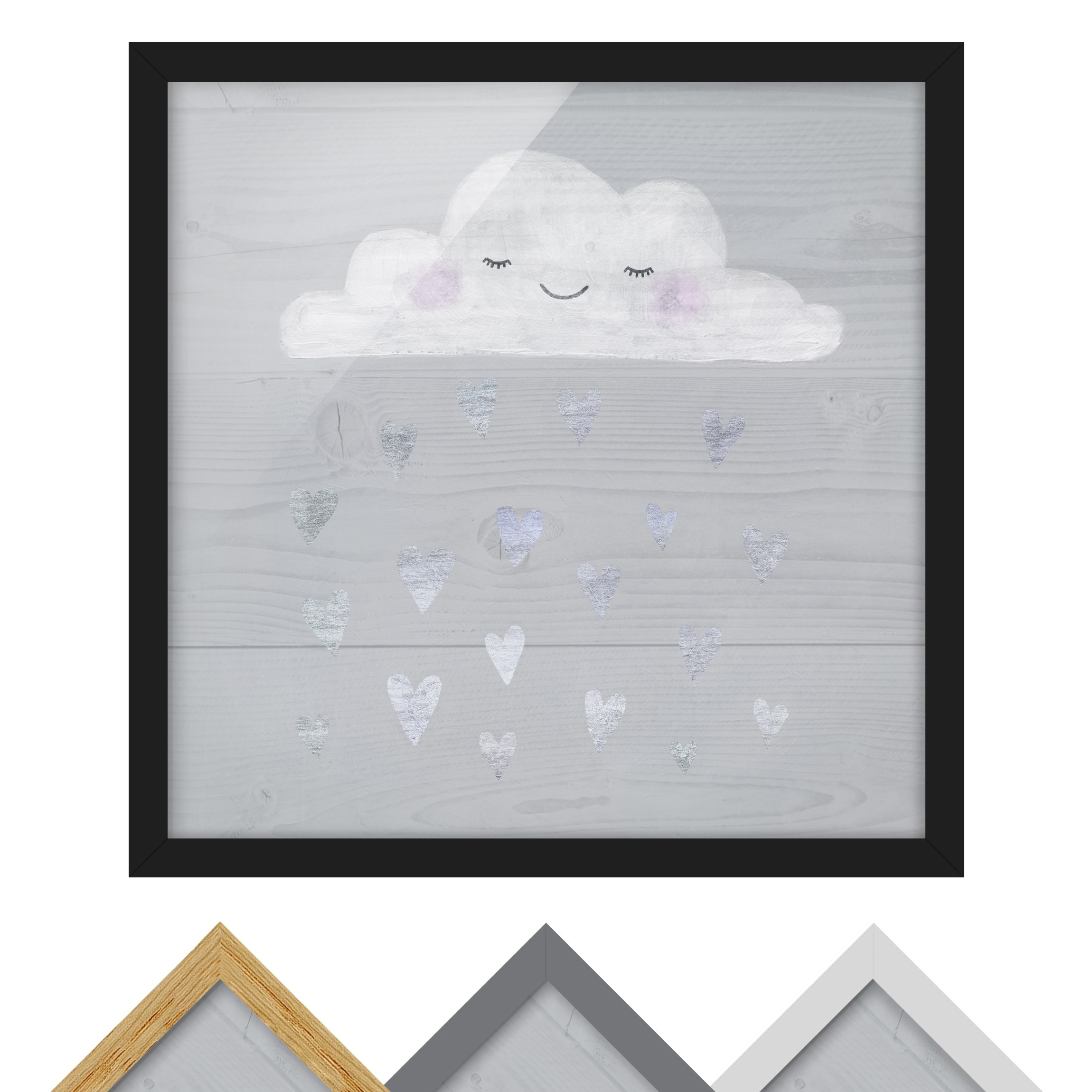 Bild mit Rahmen - Quadrat Wolke mit silbernen Herzen