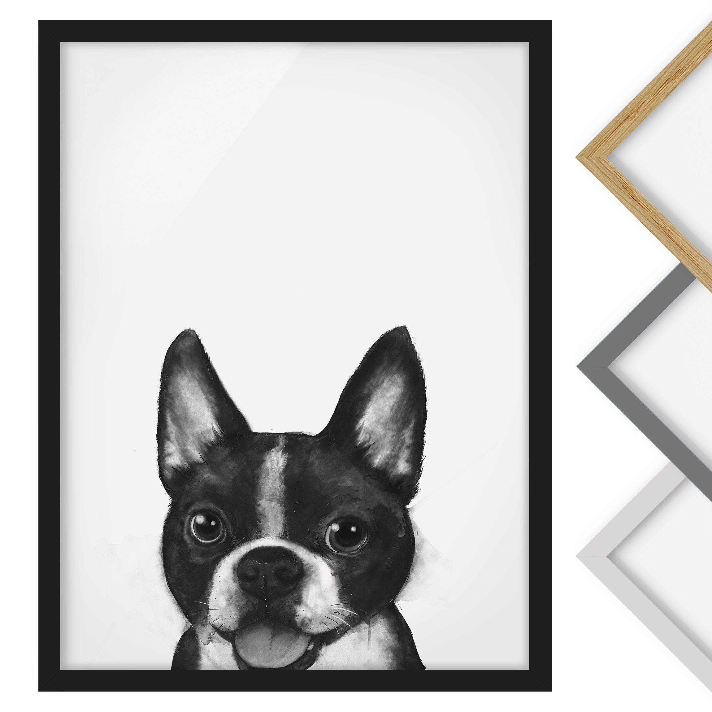 Bild mit Rahmen - Hochformat Illustration Hund Boston Schwarz Weiß Malerei