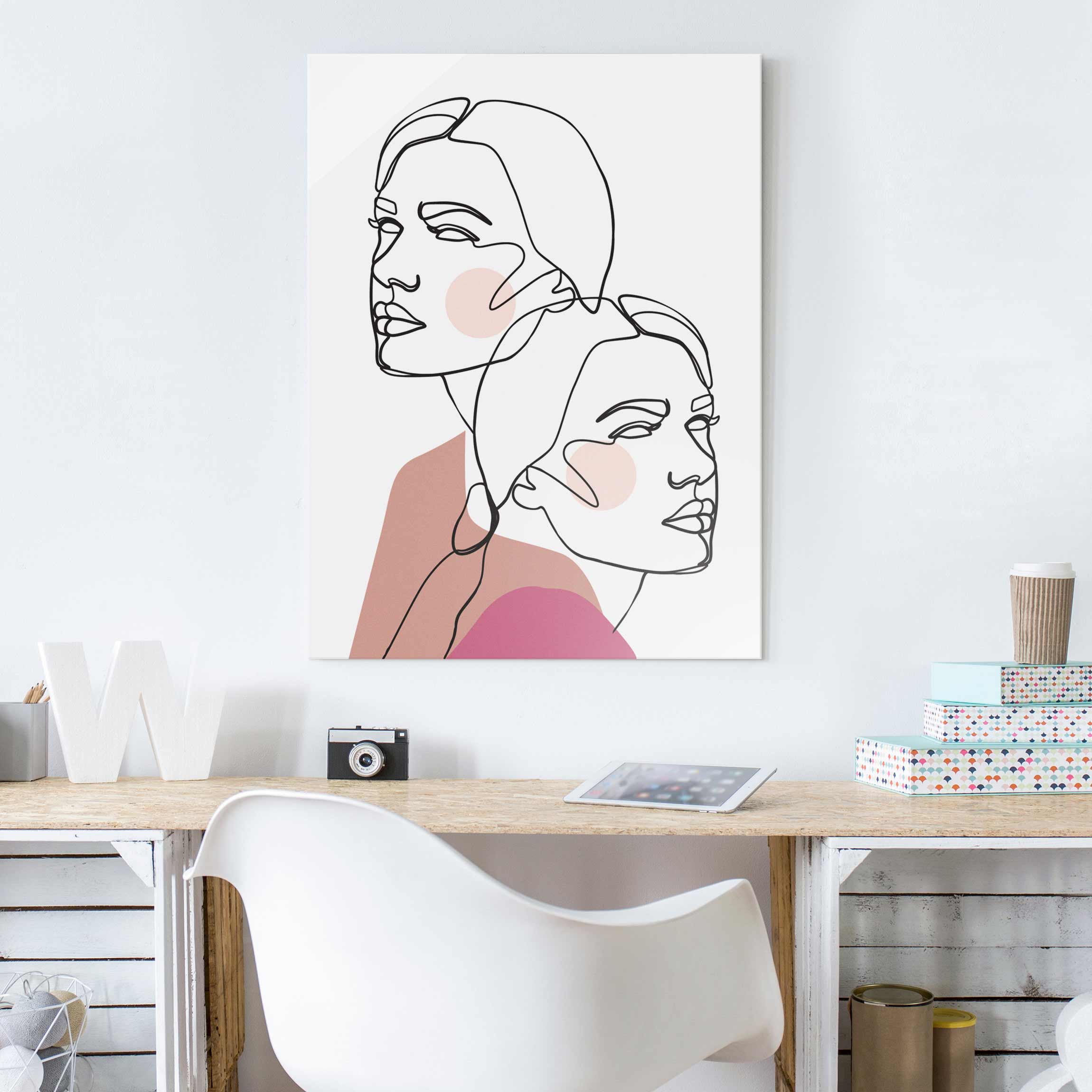 Glasbild Line Art Frauen Portrait Wangen Rosa