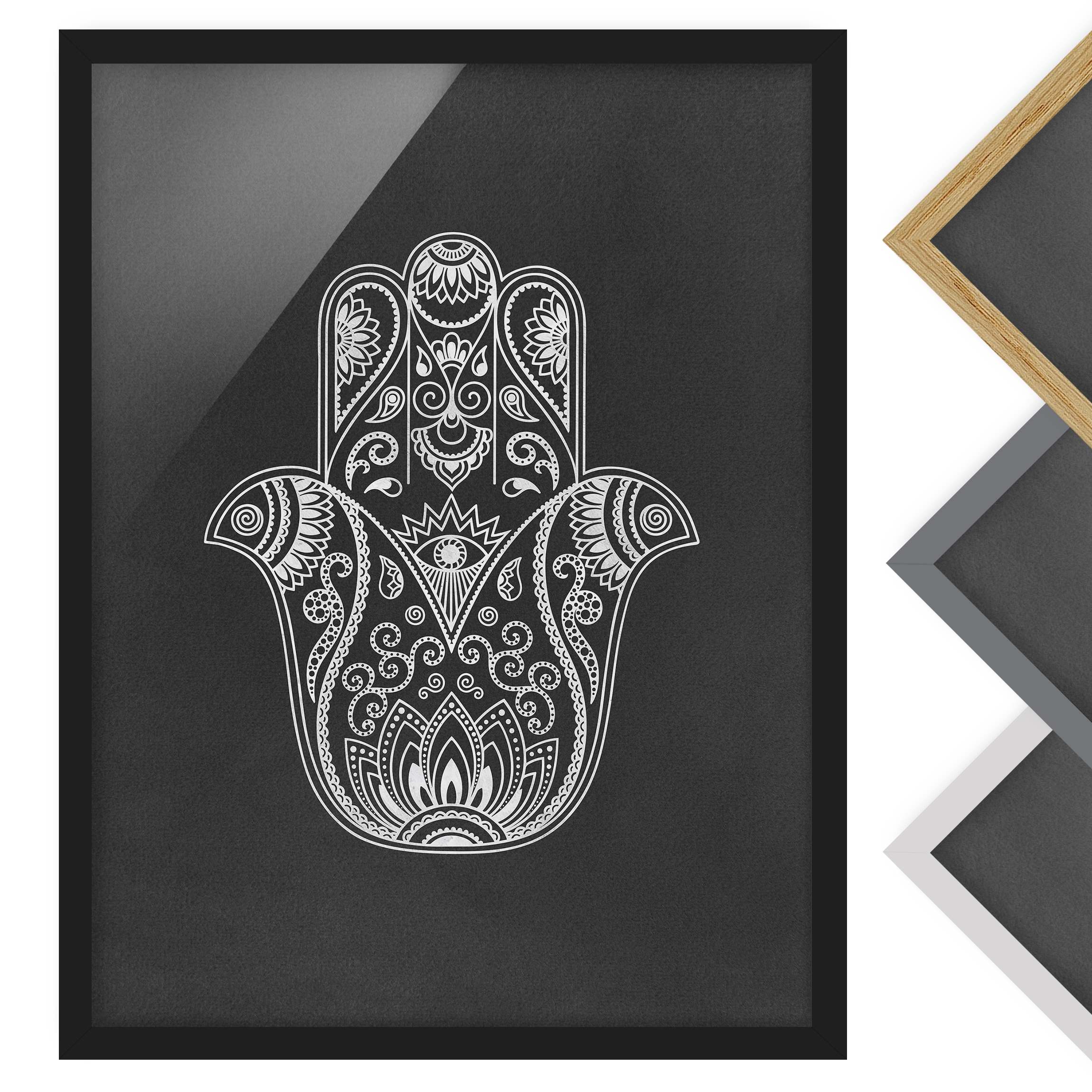Bild mit Rahmen Hamsa Hand Illustration weiß schwarz