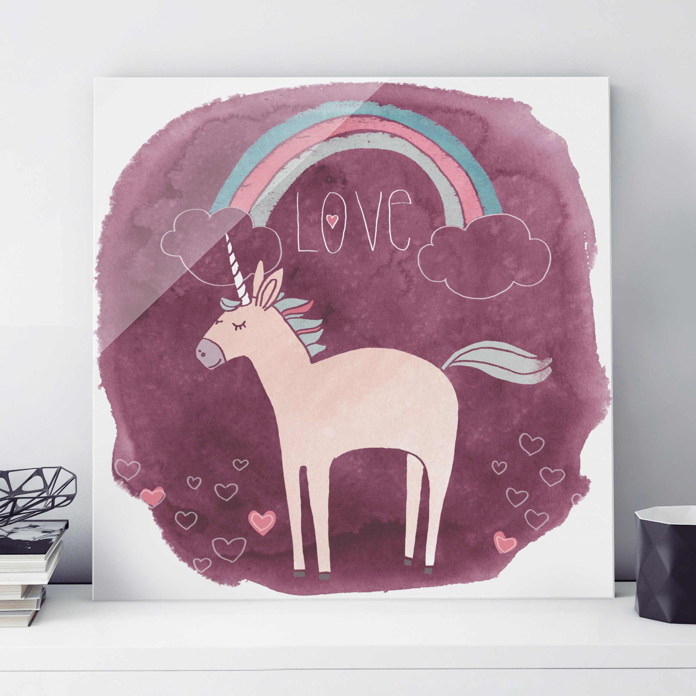 Glasbild - Quadrat Einhorn-Truppe - Love