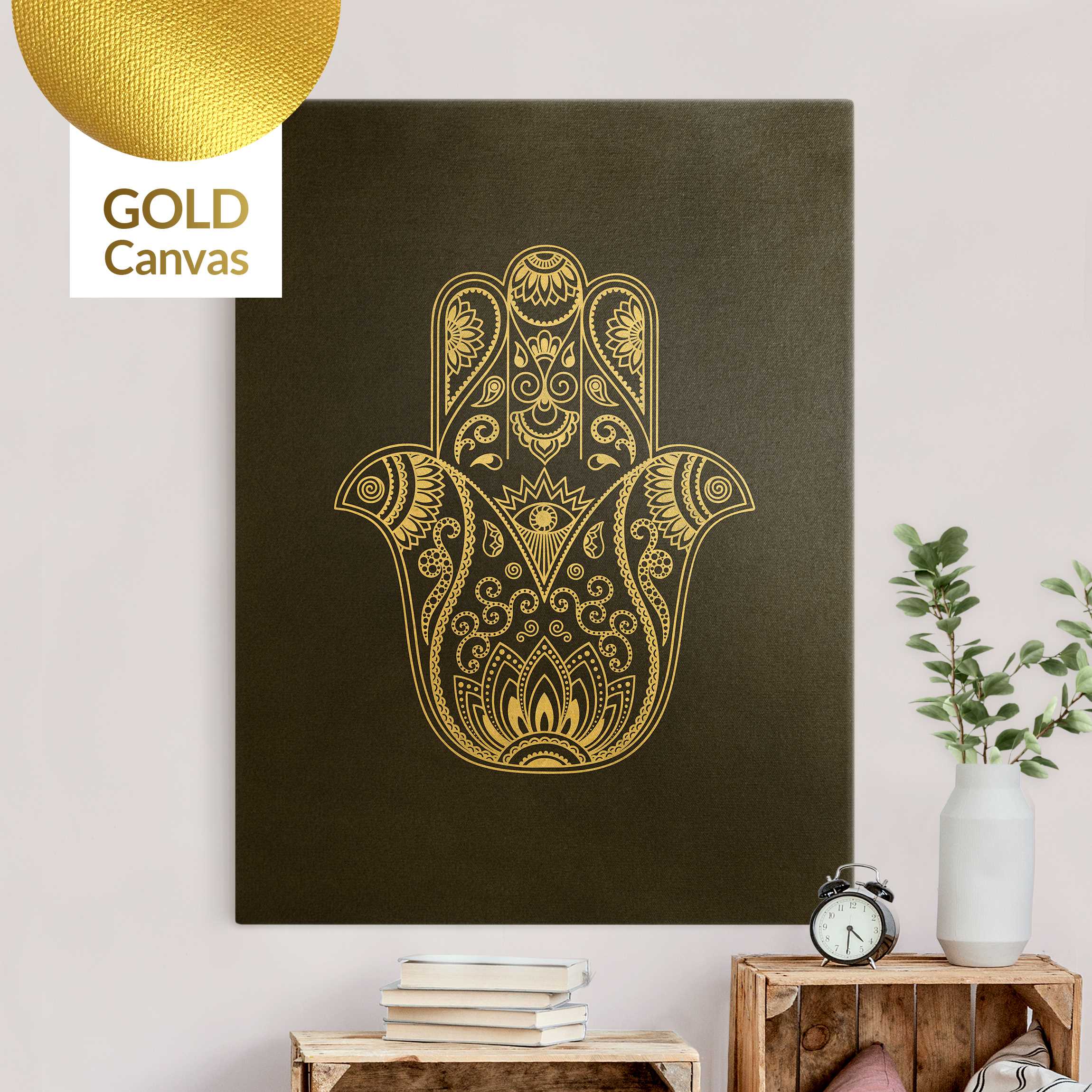 Leinwandbild Gold Mandala Hamsa Hand Lotus Set auf Schwarz