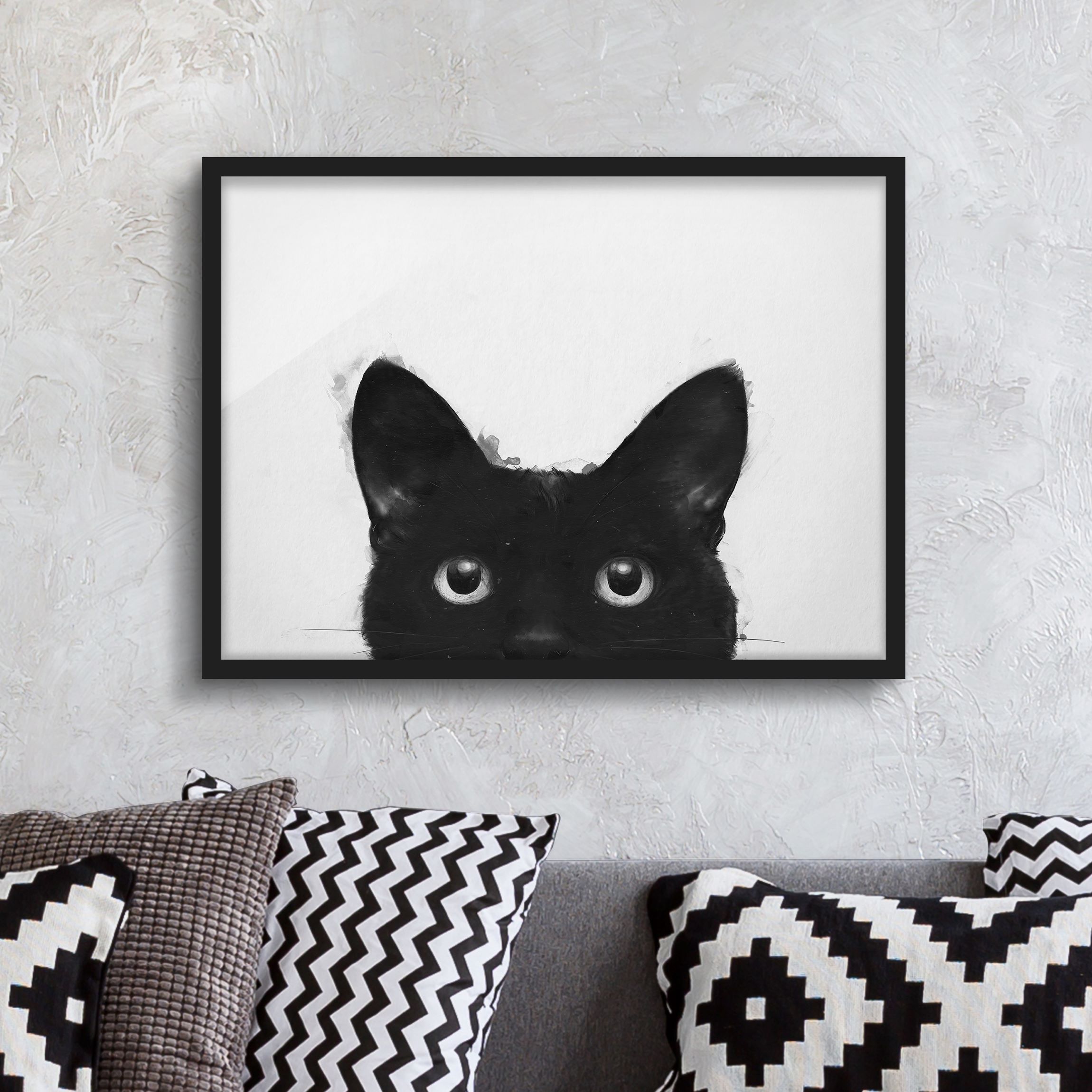 Bild mit Rahmen - Querformat Illustration Schwarze Katze auf Weiß Malerei