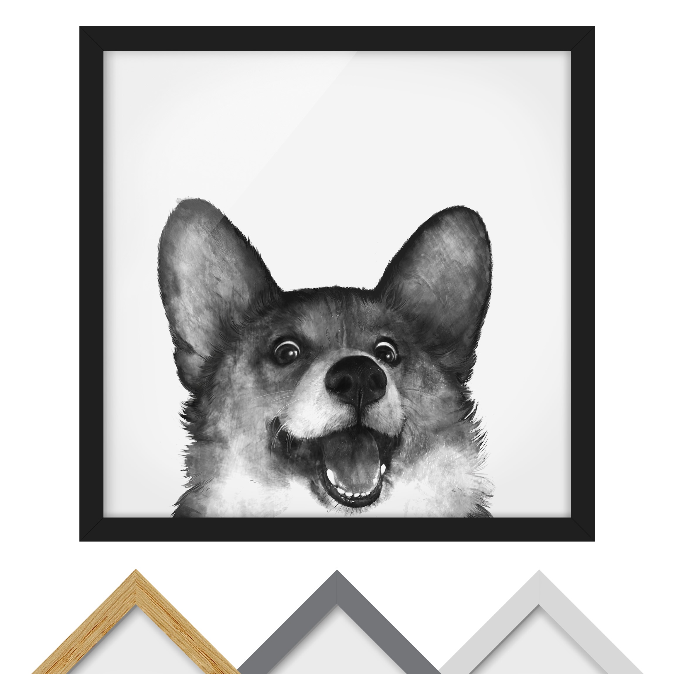 Bild mit Rahmen Illustration Hund Corgi Weiß Schwarz Malerei