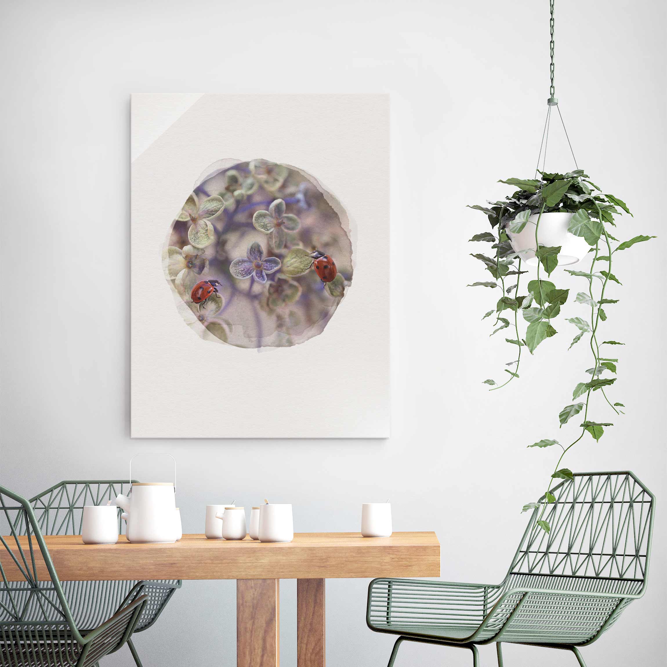 Glasbild - Hochformat Wasserfarben - Marienkäfer im Garten