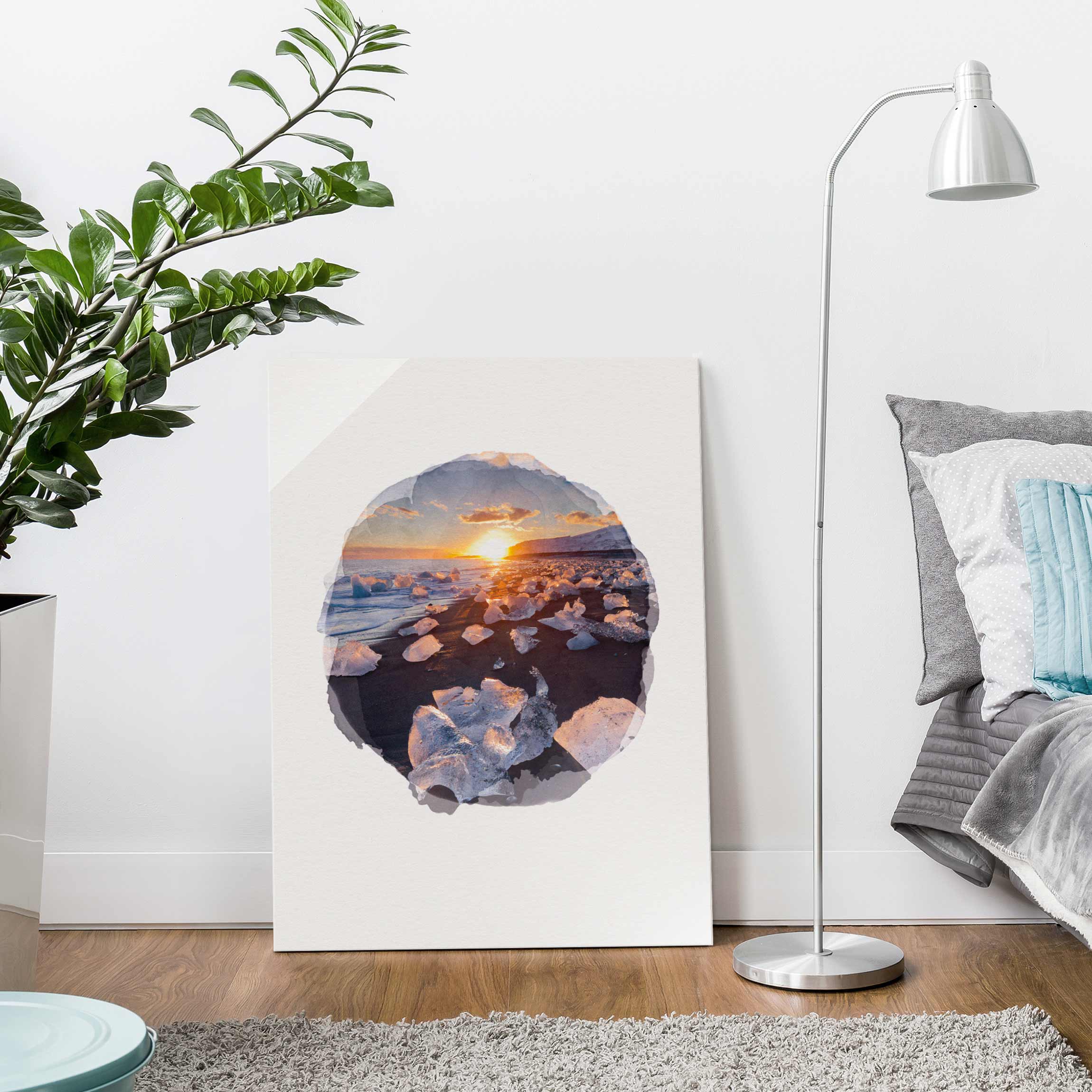 Glasbild Wasserfarben - Eisbrocken am Strand Island