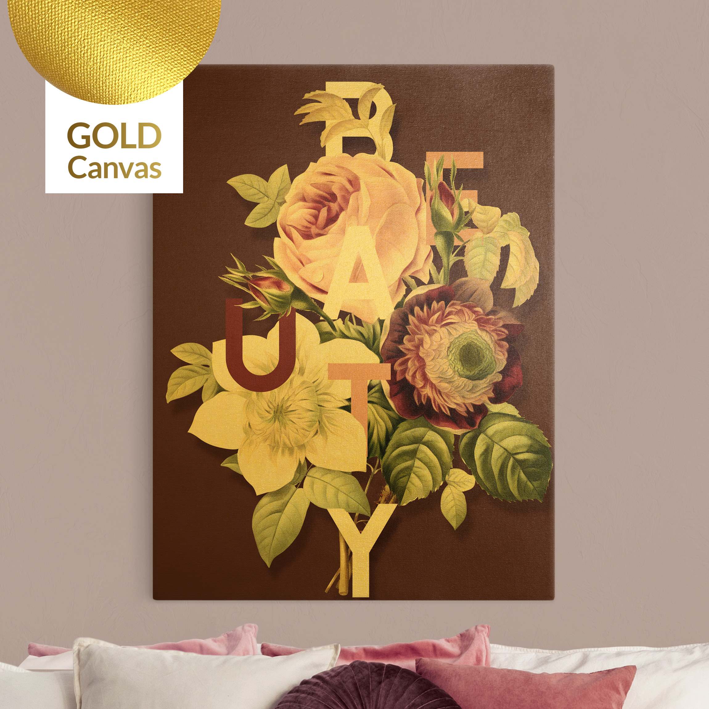 Leinwandbild Gold Florale Typografie - Beauty