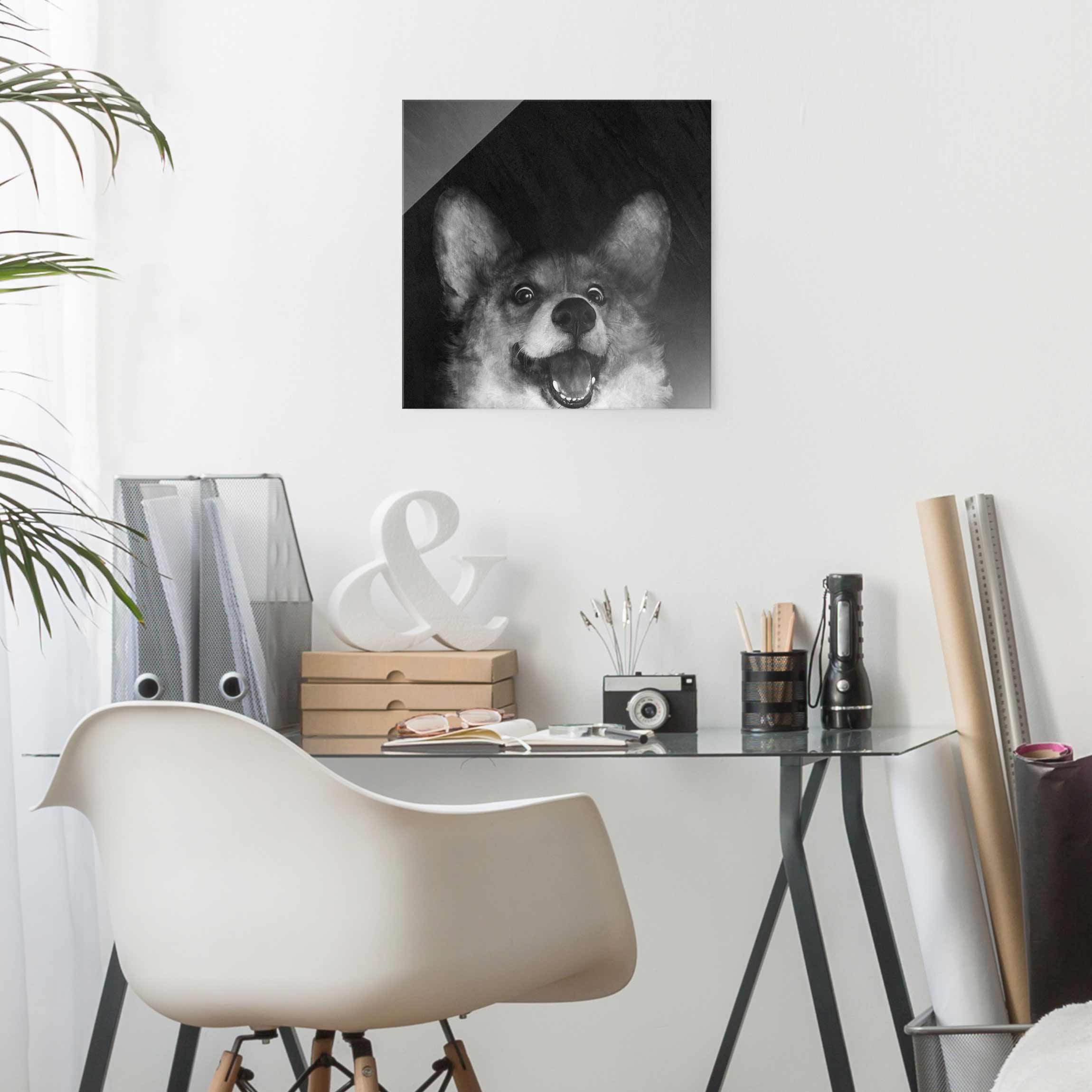 Glasbild - Quadrat Illustration Hund Corgi Malerei Schwarz Weiß
