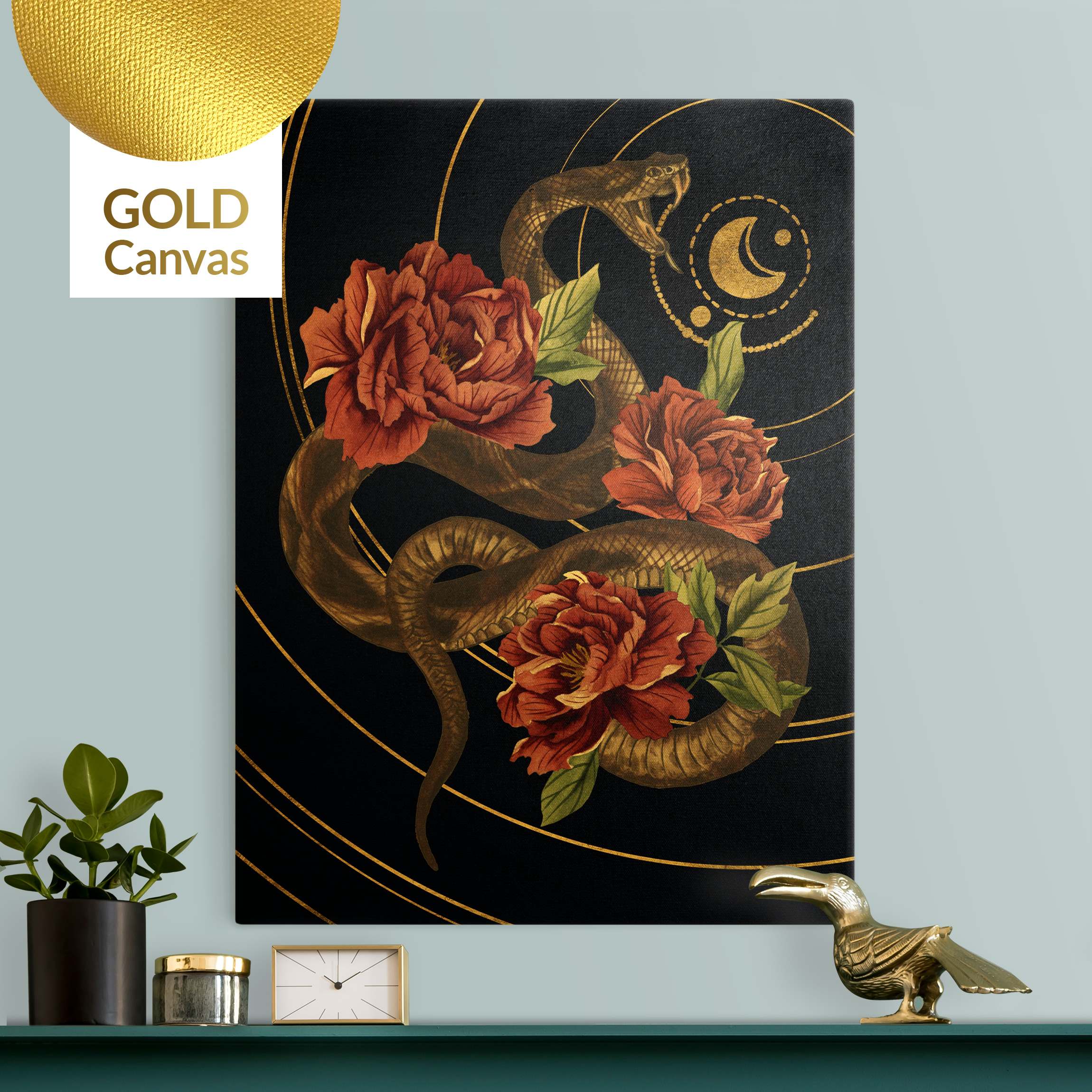 Leinwandbild Gold Schlange mit Rosen Schwarz und Gold II
