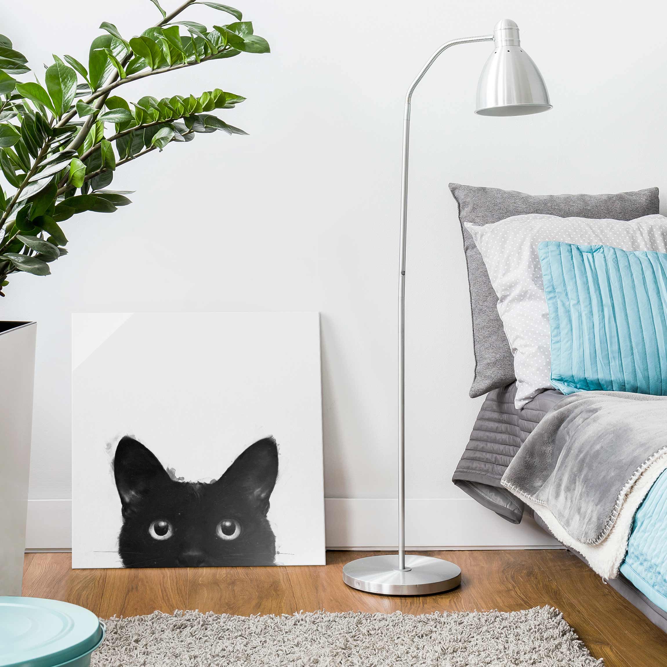Glasbild - Quadrat Illustration Schwarze Katze auf Weiß Malerei