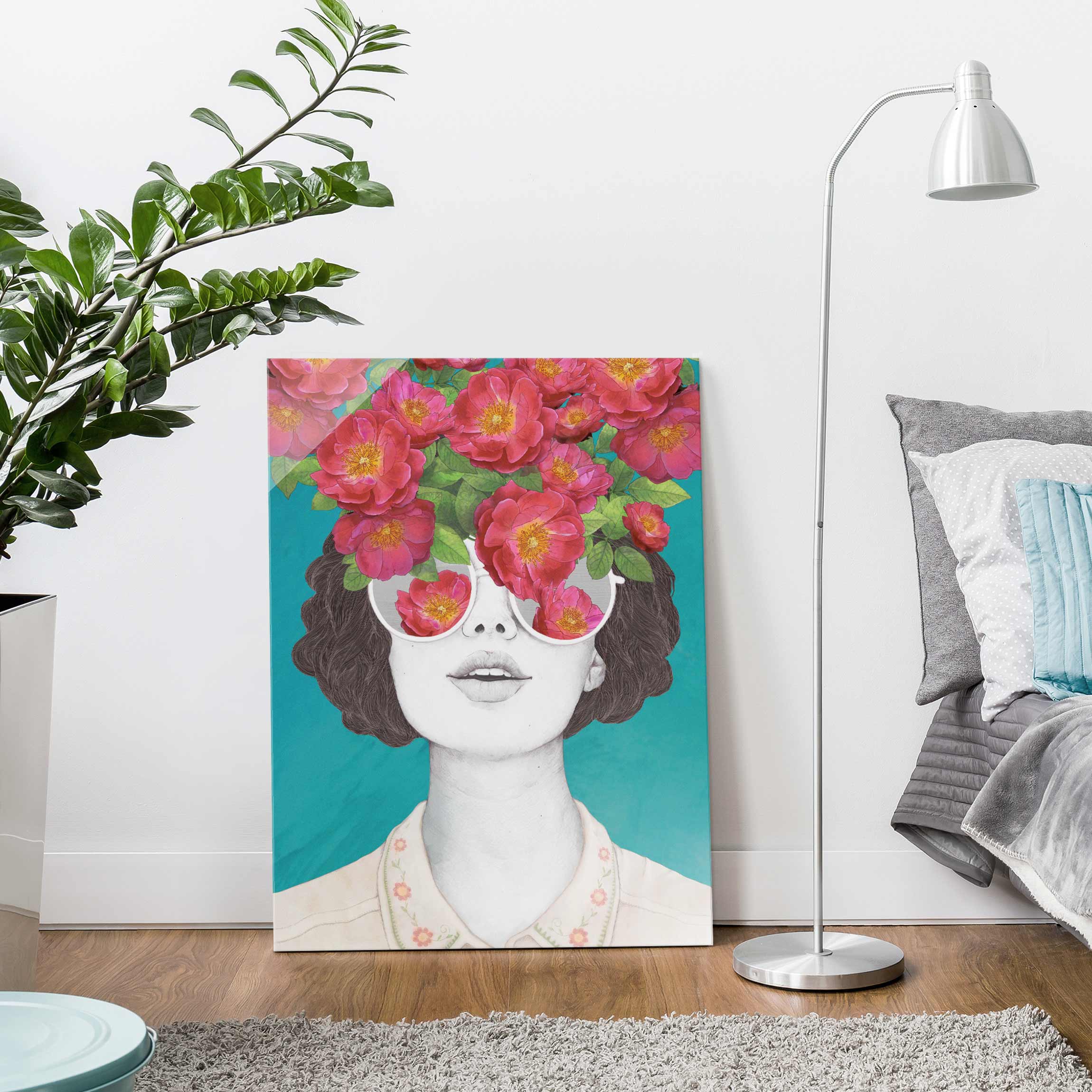 Glasbild - Hochformat Illustration Portrait Frau Collage mit Blumen Brille