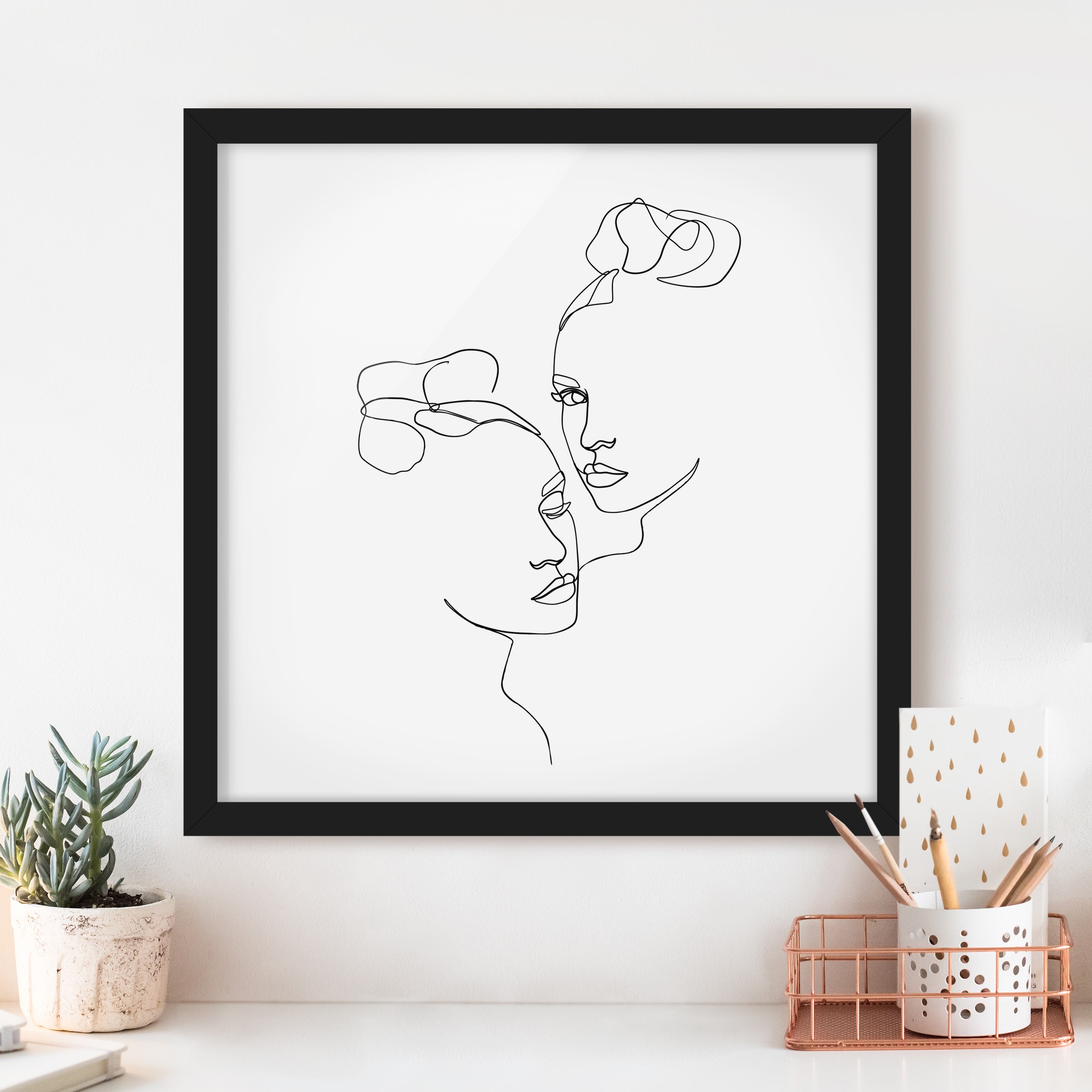 Bild mit Rahmen Line Art Gesichter Frauen Schwarz Weiß