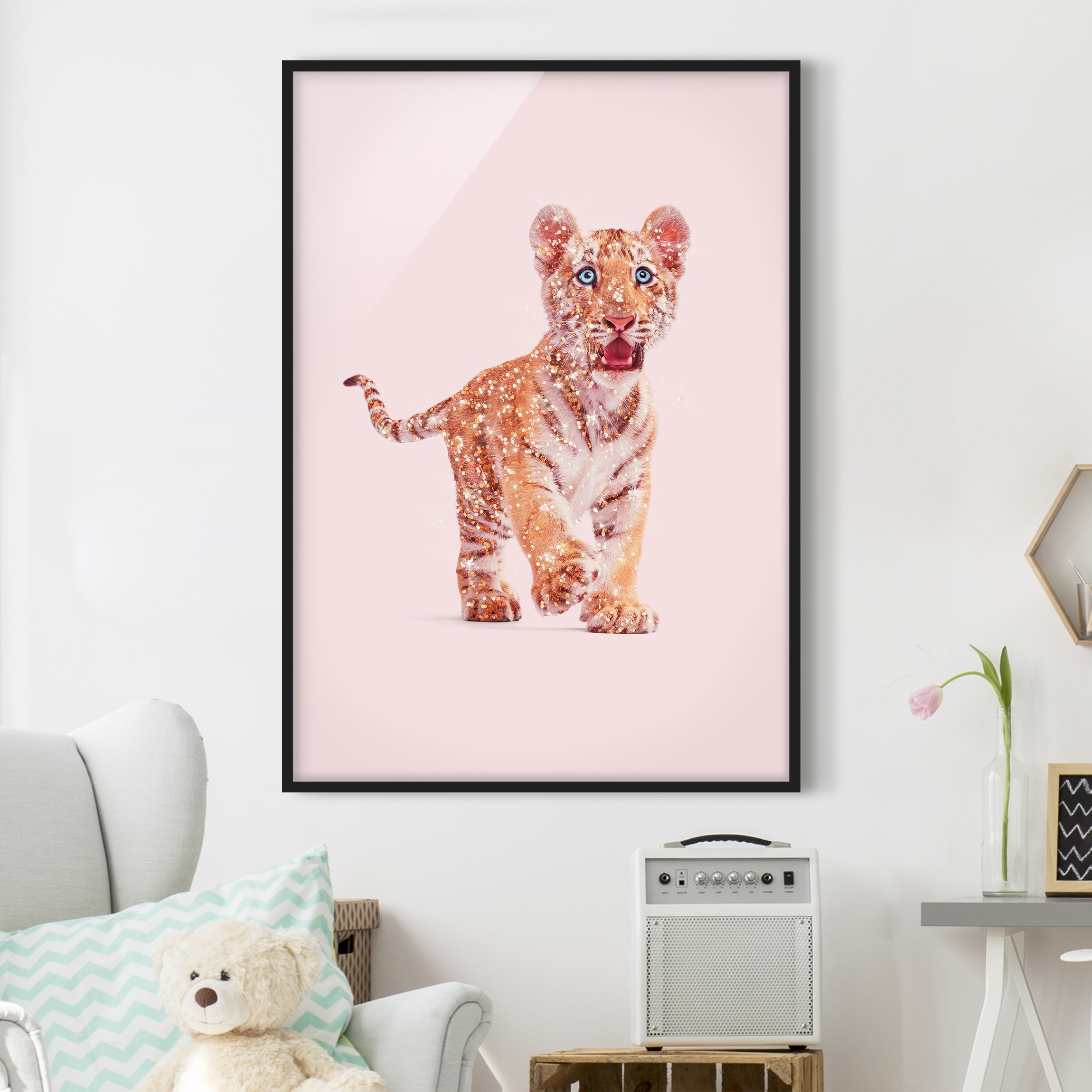 Bild mit Rahmen - Hochformat Tiger mit Glitzer