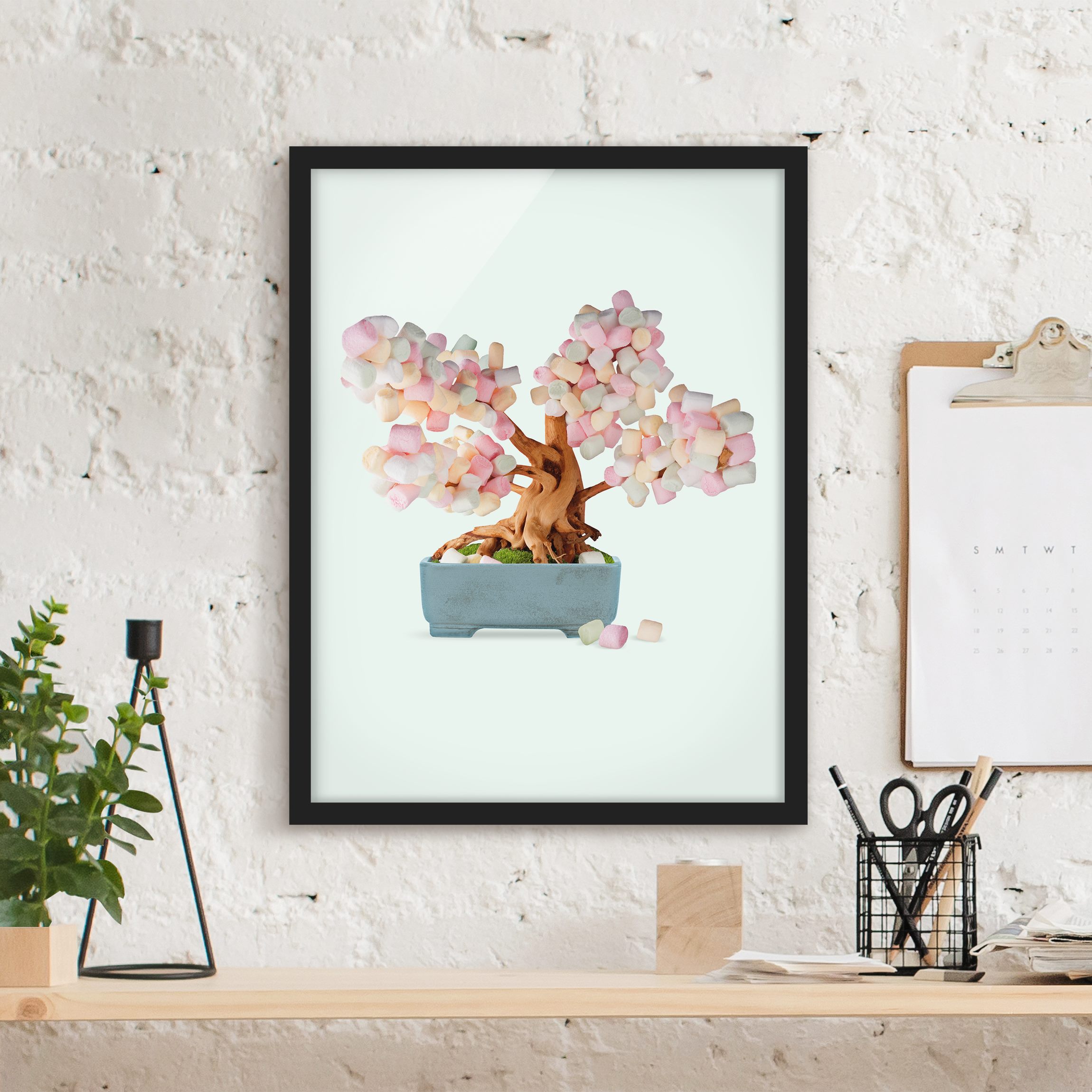 Bild mit Rahmen - Hochformat Bonsai mit Marshmallows