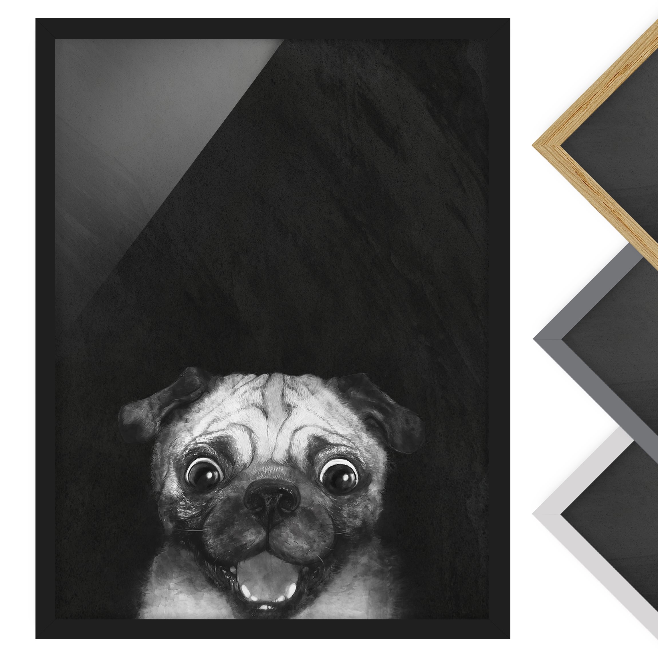 Gerahmtes Bild Illustration Hund Mops Malerei auf Schwarz Weiß