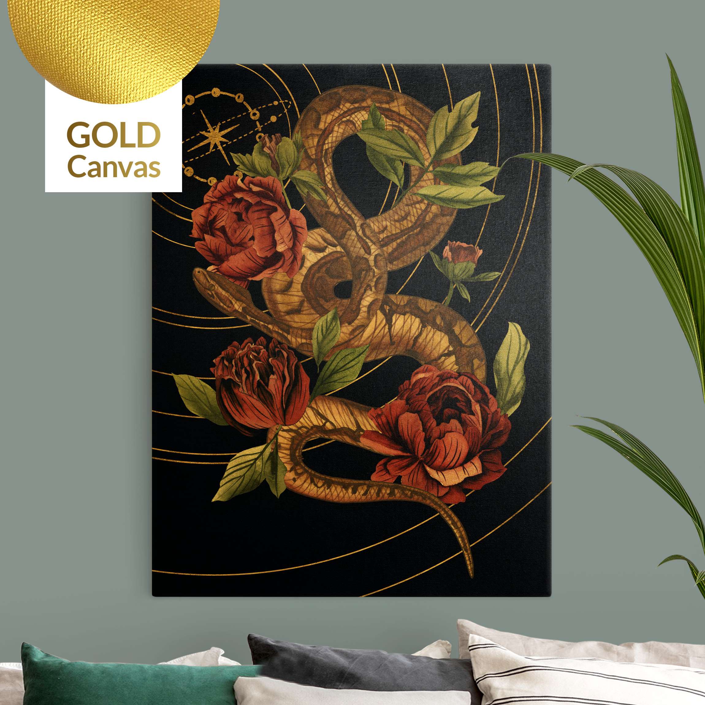 Leinwandbild Gold Schlange mit Rosen Schwarz und Gold IV