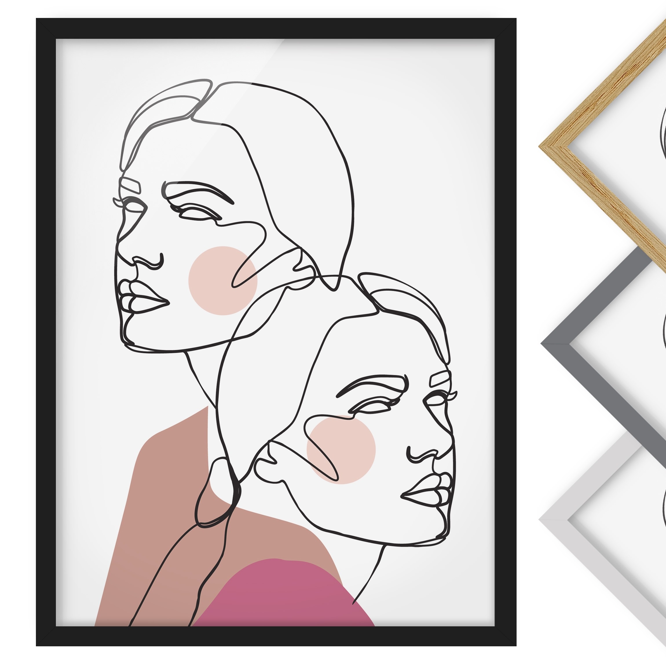 Bild mit Rahmen - Hochformat Line Art Frauen Portrait Wangen Rosa